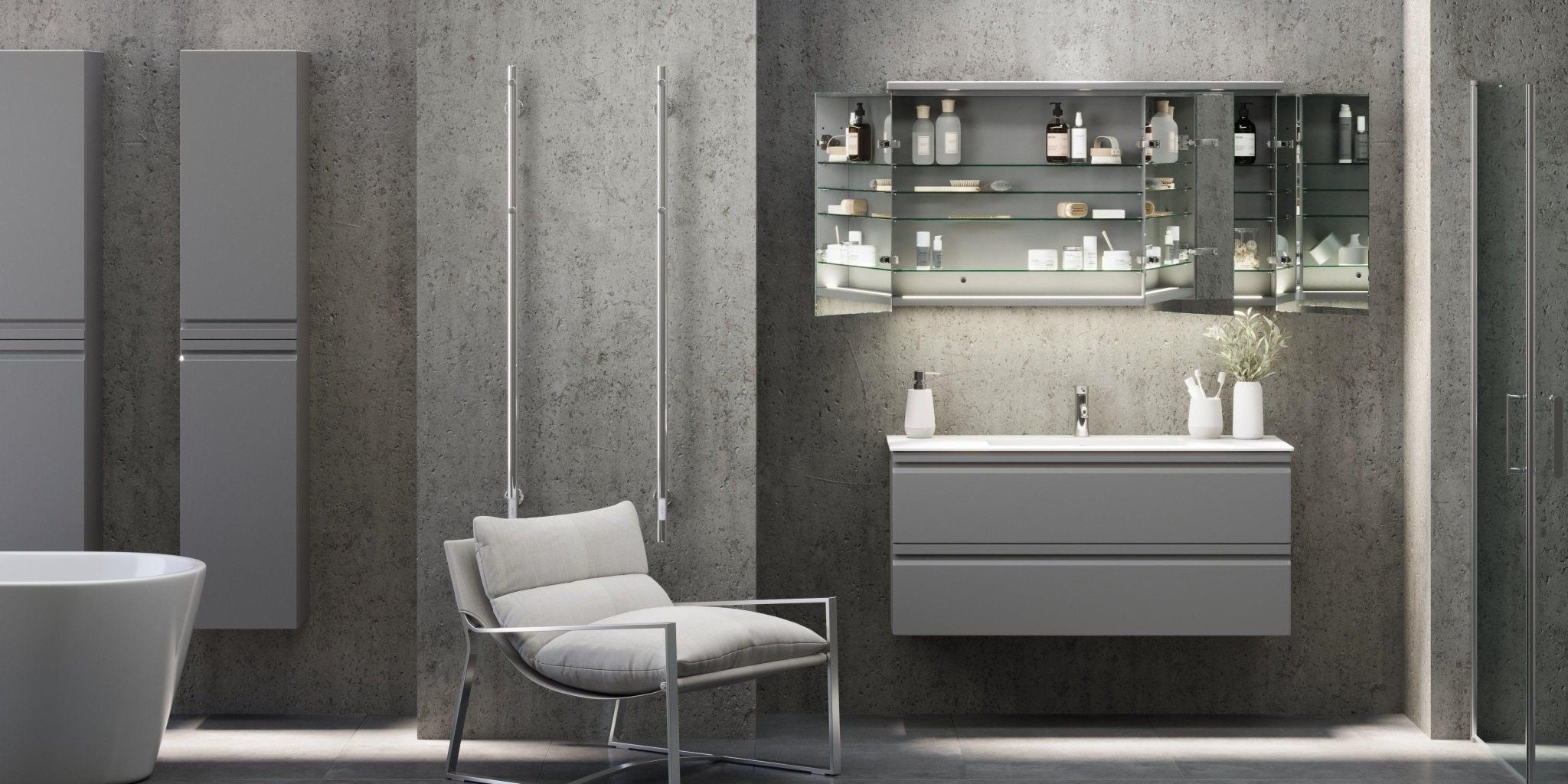 Mirror cabinet with light 60x70x14 cm - round light canopy - electric plug - matt grey - Fredrikstad - MASTERSTORE - 8594175645262 - Mirror Cabinets - 02-060-01-03-00 - 8594175645262