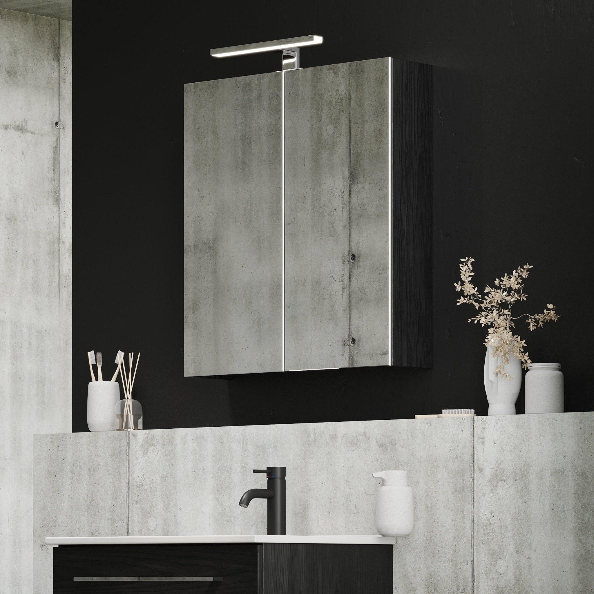 Spegelskåp 90x65x14 cm - med glashyllor - Svart trästruktur - Morgendal - Spegelskåp - BATH DELUXE - EXCLUSIVE - 02-090-53-22-00 - BATHDELUXE SWEDEN
