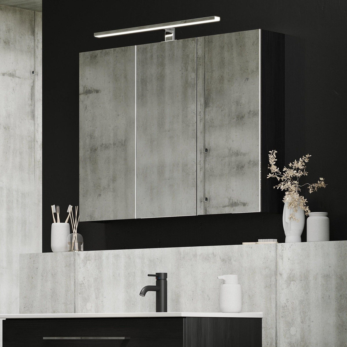 Mirror cabinet 90x65x14 cm - with glass shelves - Black wood structure - Morgendal - MASTERSTORE - 8595677134957 - Mirror Cabinets - 02-090-53-22-00 - 8595677134957