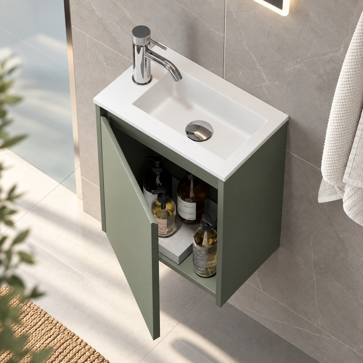 Möbelpaket för badrum med skåp och tvättställ i solid surface - 40x25x53,4 cm - dimgrön - Como - Tvättställsskåp - Bath Deluxe - Como - 09-040-11-88-02 - BATHDELUXE SWEDEN