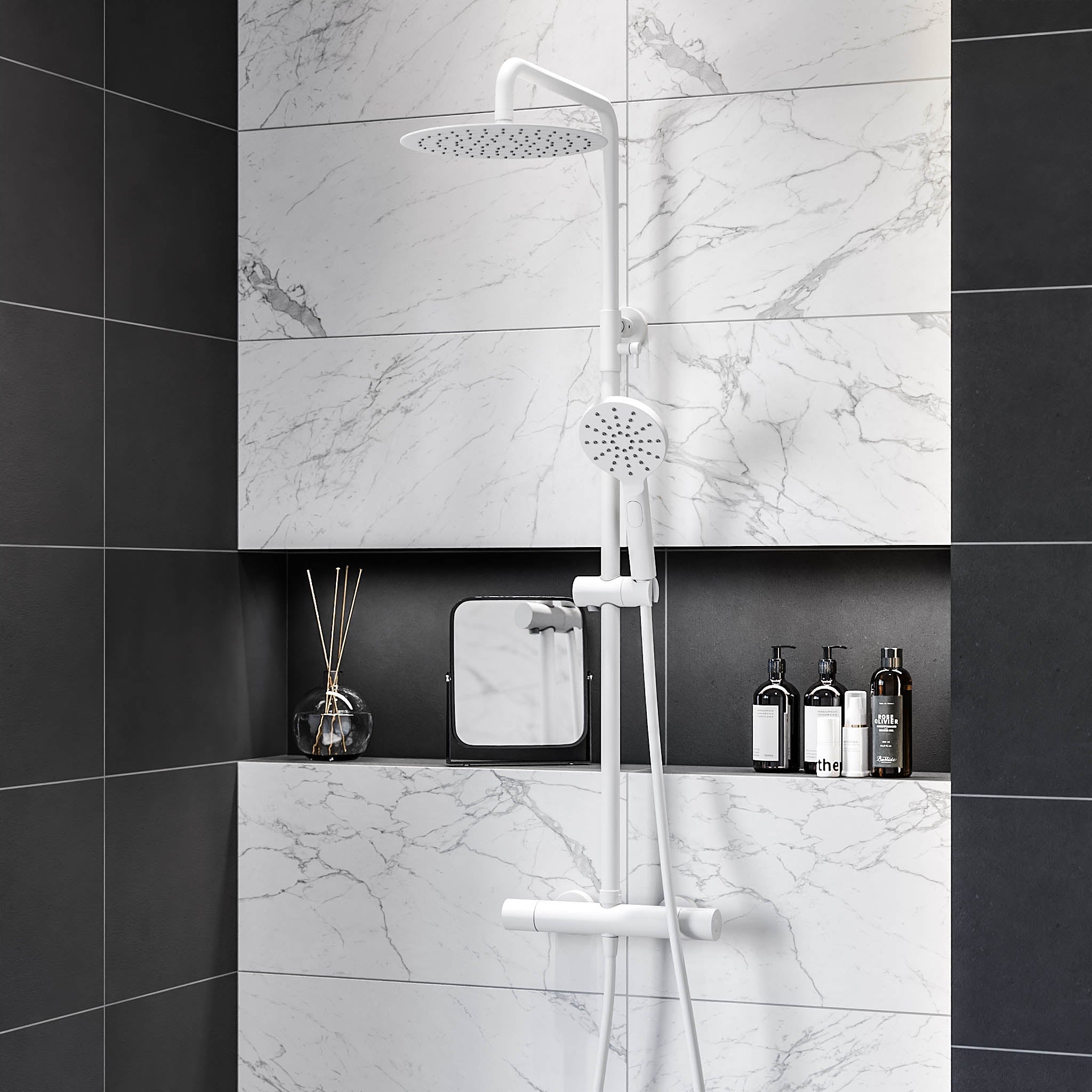 Takduschset med termostatblandare 150mm C/C - Ø250 mm takdusch, handdusch - mattvit - Dragør - Duschsystem - Bath Deluxe - Dragør - 31-120-05-01-00 - BATHDELUXE SWEDEN