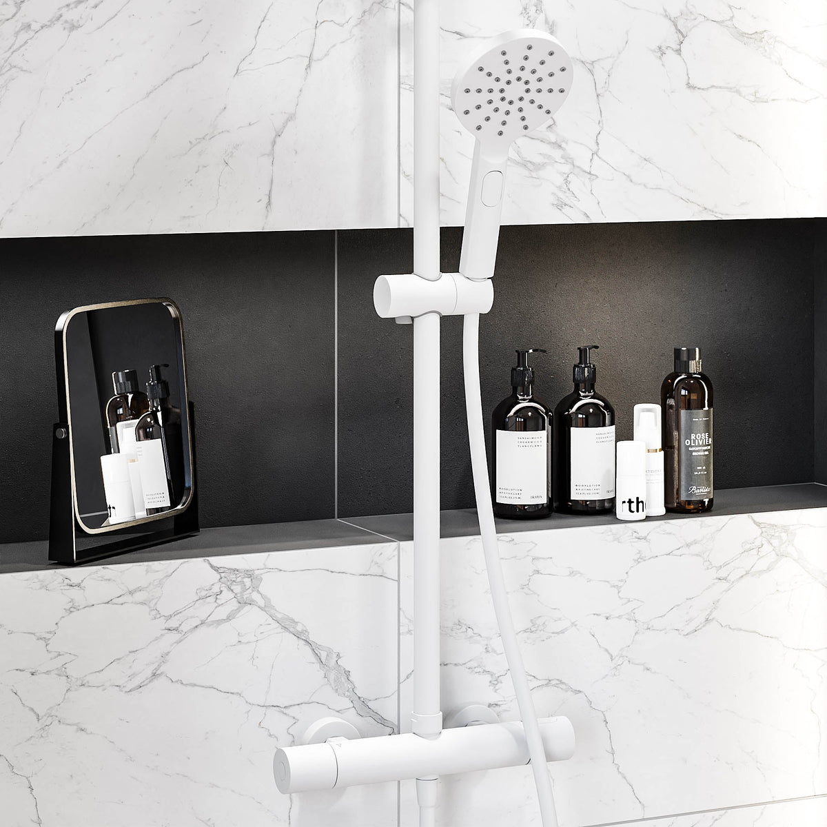 Shower system with thermostatic mixer 150mm C/C - Ø250 mm overhead shower, hand shower - matt white - Dragør - MASTERSTORE - 8595677133363 - Showersystem - 31-120-05-01-00 - 8595677133363