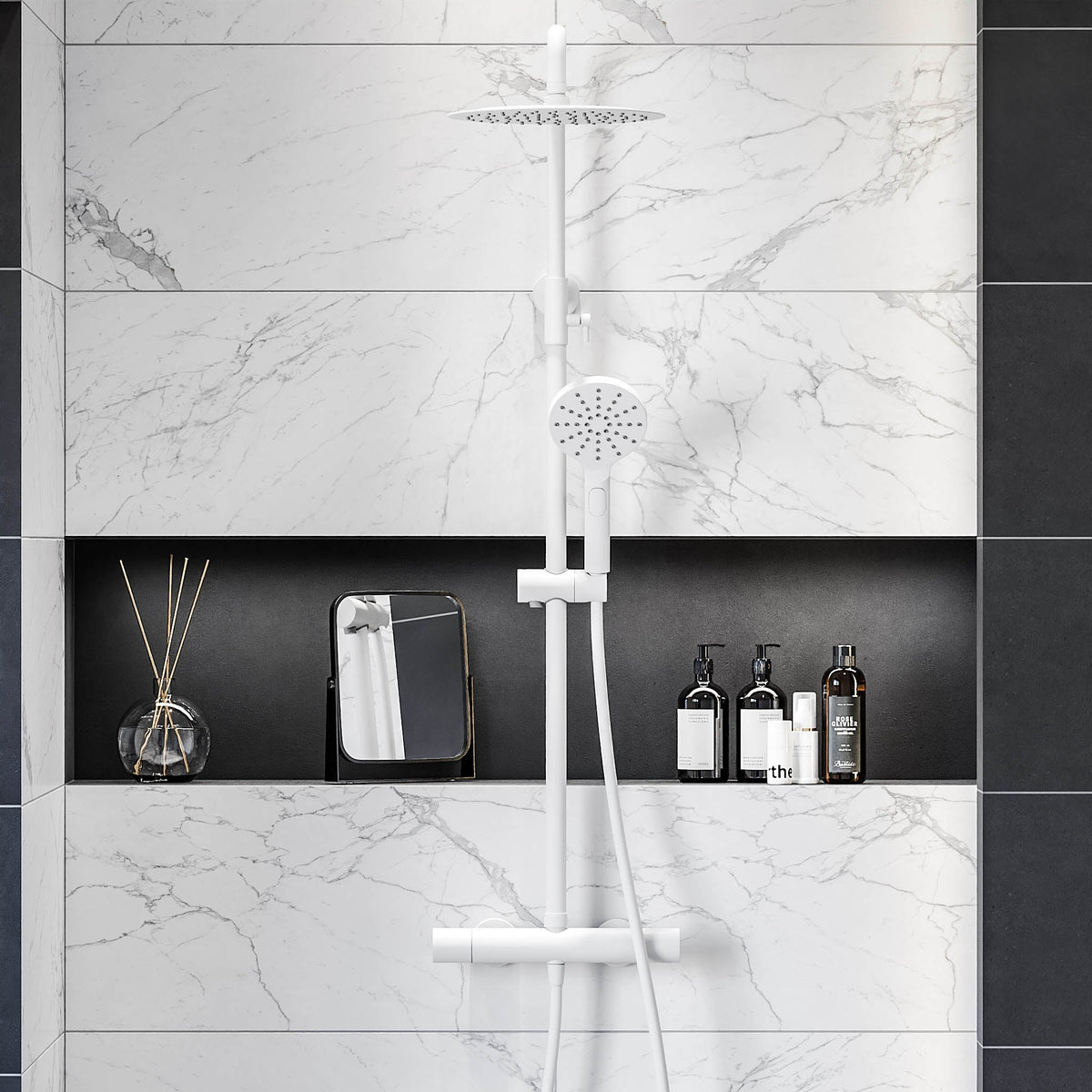 Shower system with thermostatic mixer 150mm C/C - Ø250 mm overhead shower, hand shower - matt white - Dragør - MASTERSTORE - 8595677133363 - Showersystem - 31-120-05-01-00 - 8595677133363