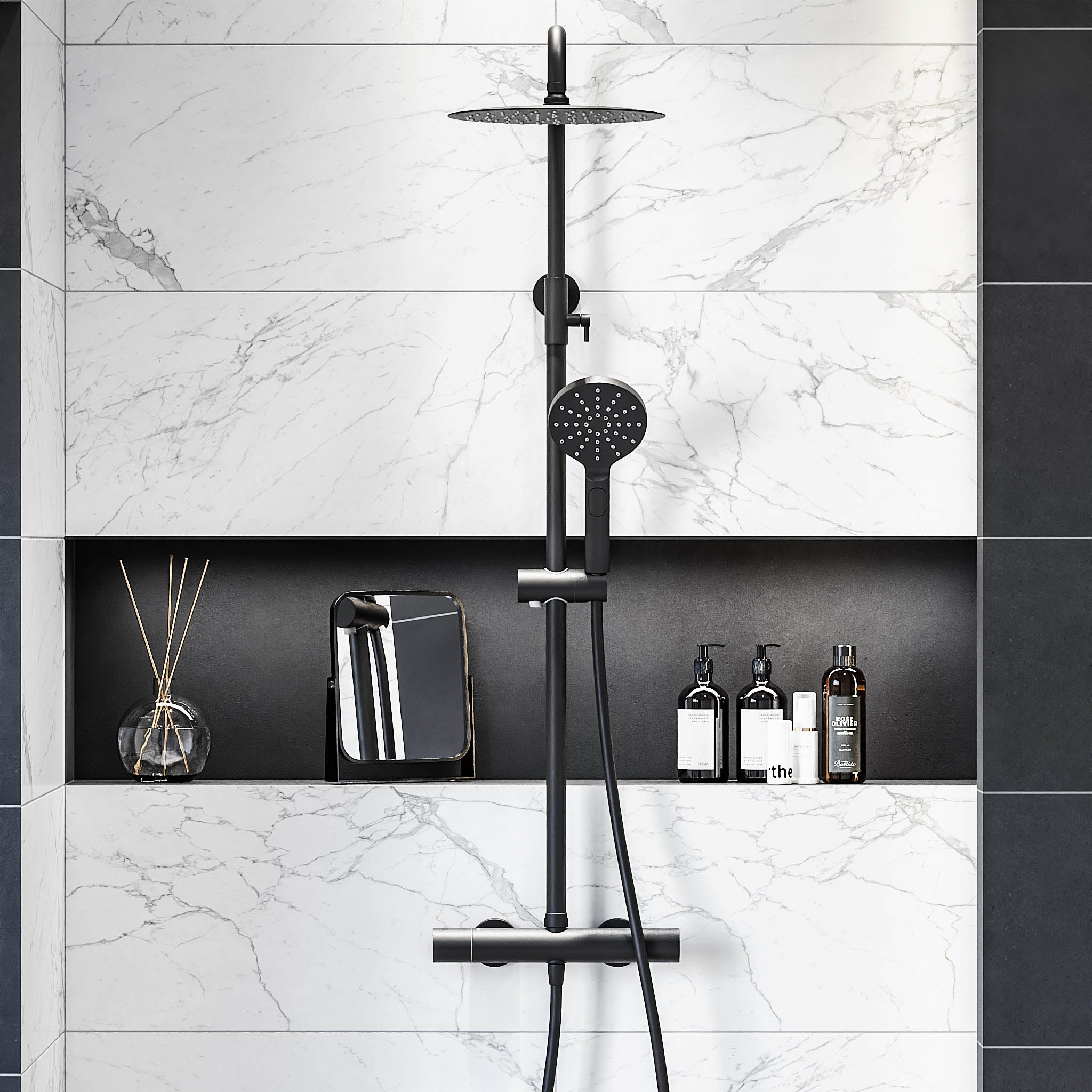 Shower system with thermostatic mixer 150mm C/C - Ø250 mm overhead shower, hand shower - matt black - Dragør - MASTERSTORE - 8595677103816 - Showersystem - 31-120-05-02-00 - 8595677103816