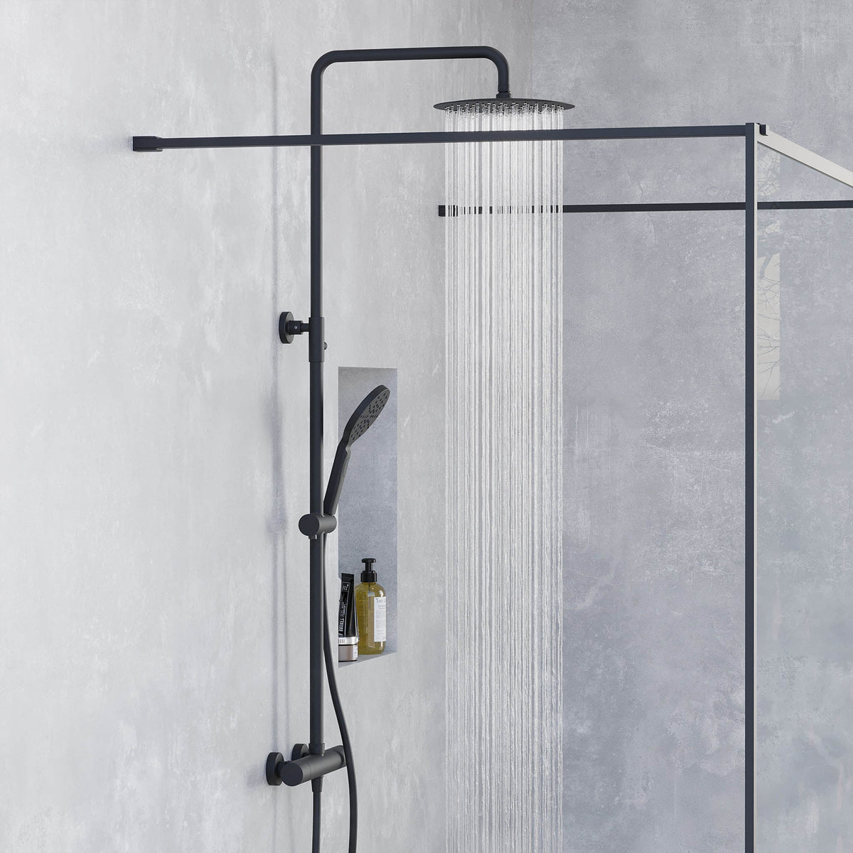Shower system with thermostatic mixer 150mm C/C - Ø250 mm overhead shower, hand shower - matt black - Dragør - MASTERSTORE - 8595677103816 - Showersystem - 31-120-05-02-00 - 8595677103816