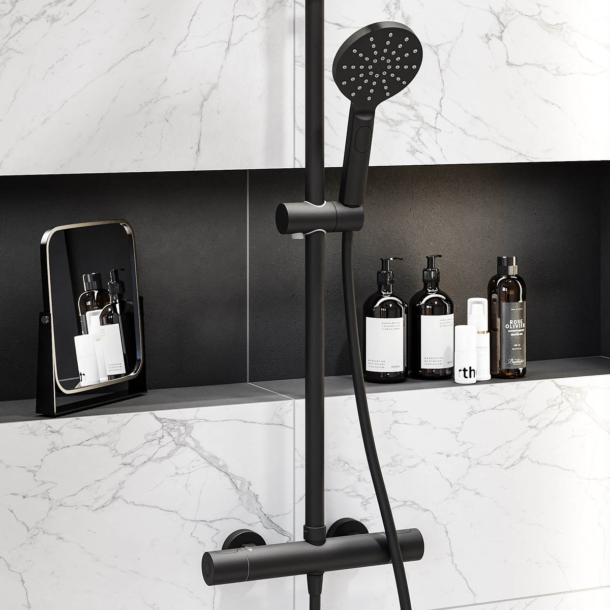 Shower system with thermostatic mixer 150mm C/C - Ø250 mm overhead shower, hand shower - matt black - Dragør - MASTERSTORE - 8595677103816 - Showersystem - 31-120-05-02-00 - 8595677103816