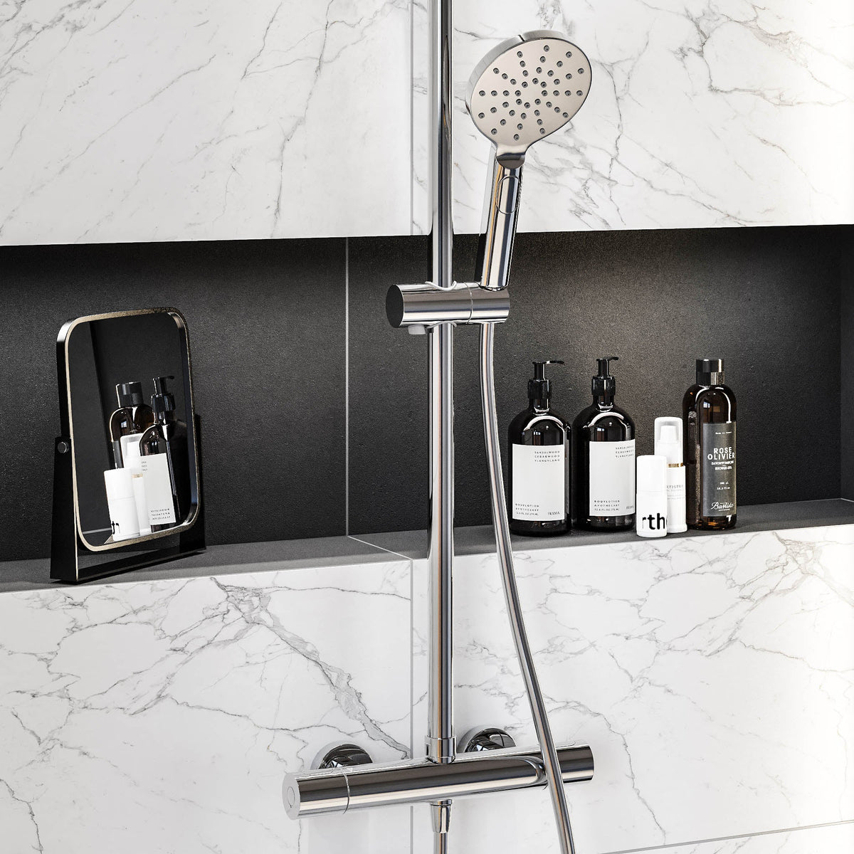 Shower system with thermostatic mixer 150mm C/C - Ø250 mm overhead shower, hand shower - chrome - Dragør - MASTERSTORE - 8595677129137 - Showersystem - 31-120-05-60-00 - 8595677129137