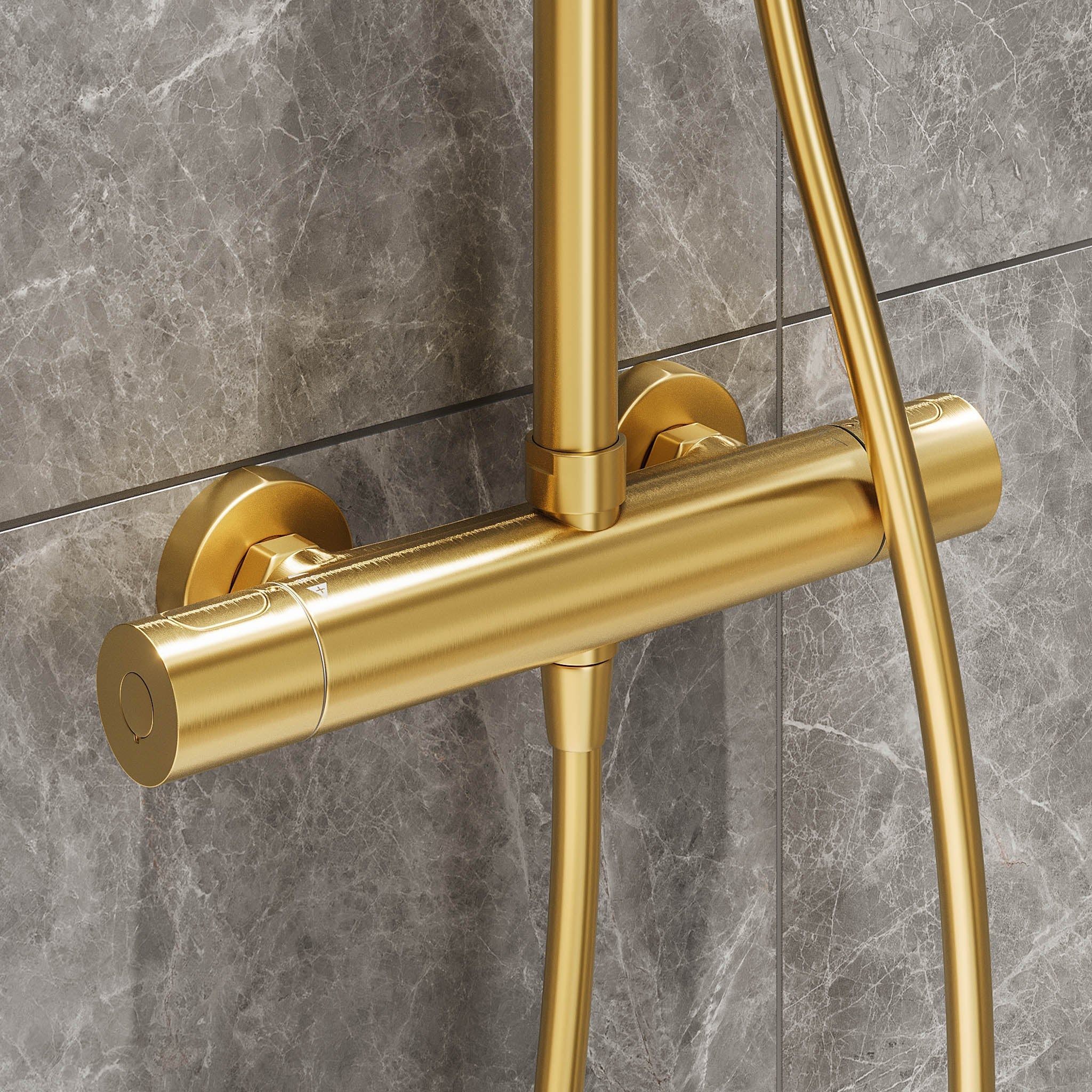Takduschset med termostatblandare 150mm C/C - Ø250 mm takdusch, handdusch - borstad mässing - Dragør - Duschsystem - Bath Deluxe - Dragør - 31-120-05-70-00 - BATHDELUXE SWEDEN