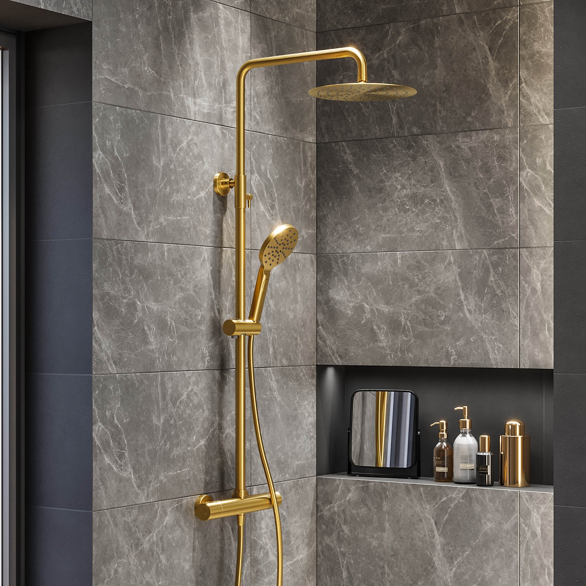 Shower system with thermostatic mixer 150mm C/C - Ø250 mm overhead shower, hand shower - brushed brass - Dragør - MASTERSTORE - 8595677133370 - Showersystem - 31-120-05-70-00 - 8595677133370