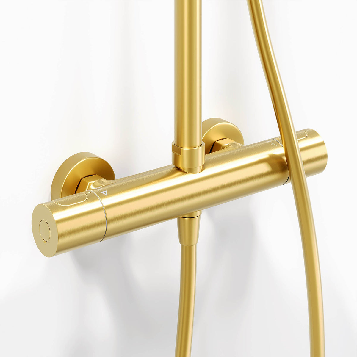 Shower system with thermostatic mixer 150mm C/C - Ø250 mm overhead shower, hand shower - brushed brass - Dragør - MASTERSTORE - 8595677133370 - Showersystem - 31-120-05-70-00 - 8595677133370