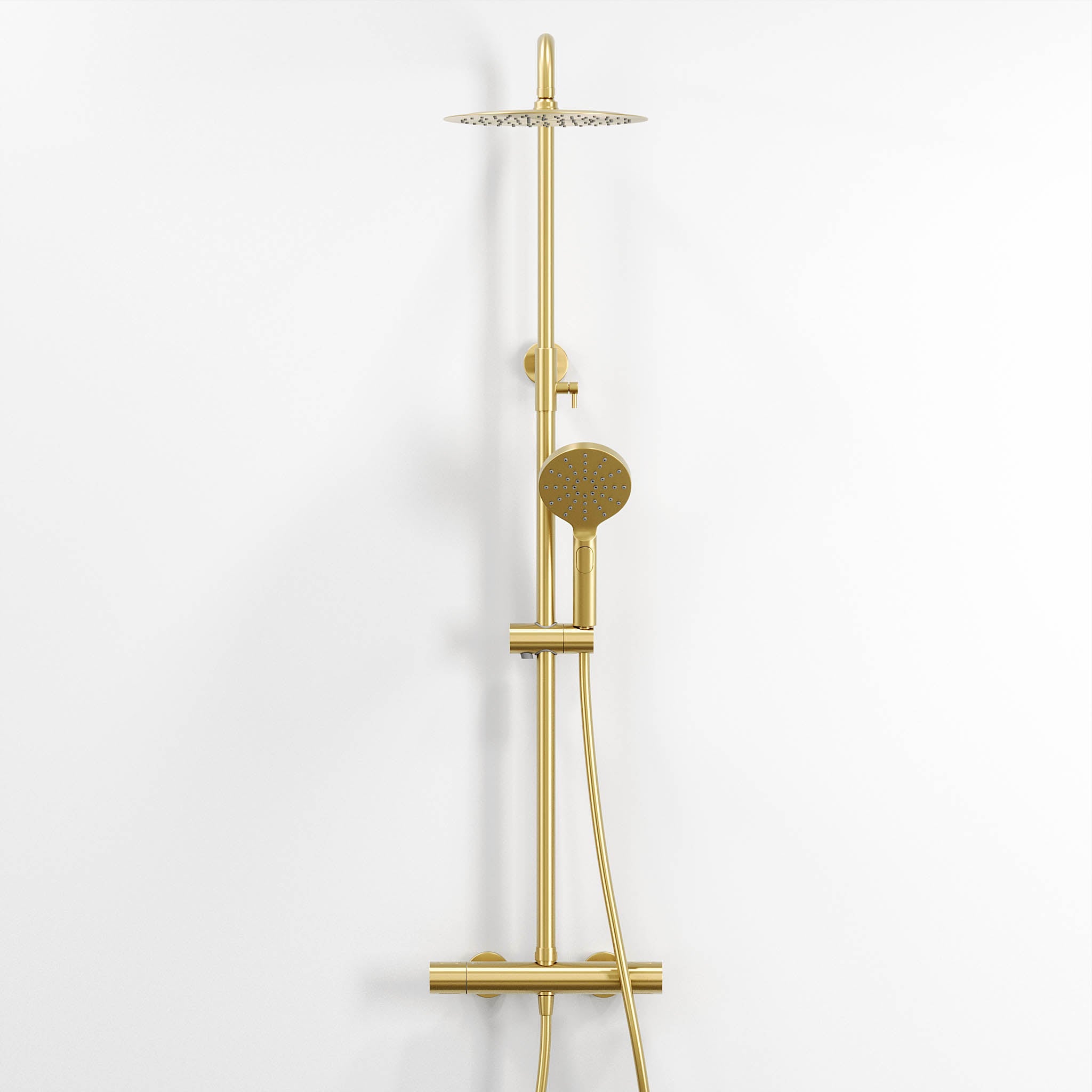 Shower system with thermostatic mixer 150mm C/C - Ø250 mm overhead shower, hand shower - brushed brass - Dragør - MASTERSTORE - 8595677133370 - Showersystem - 31-120-05-70-00 - 8595677133370