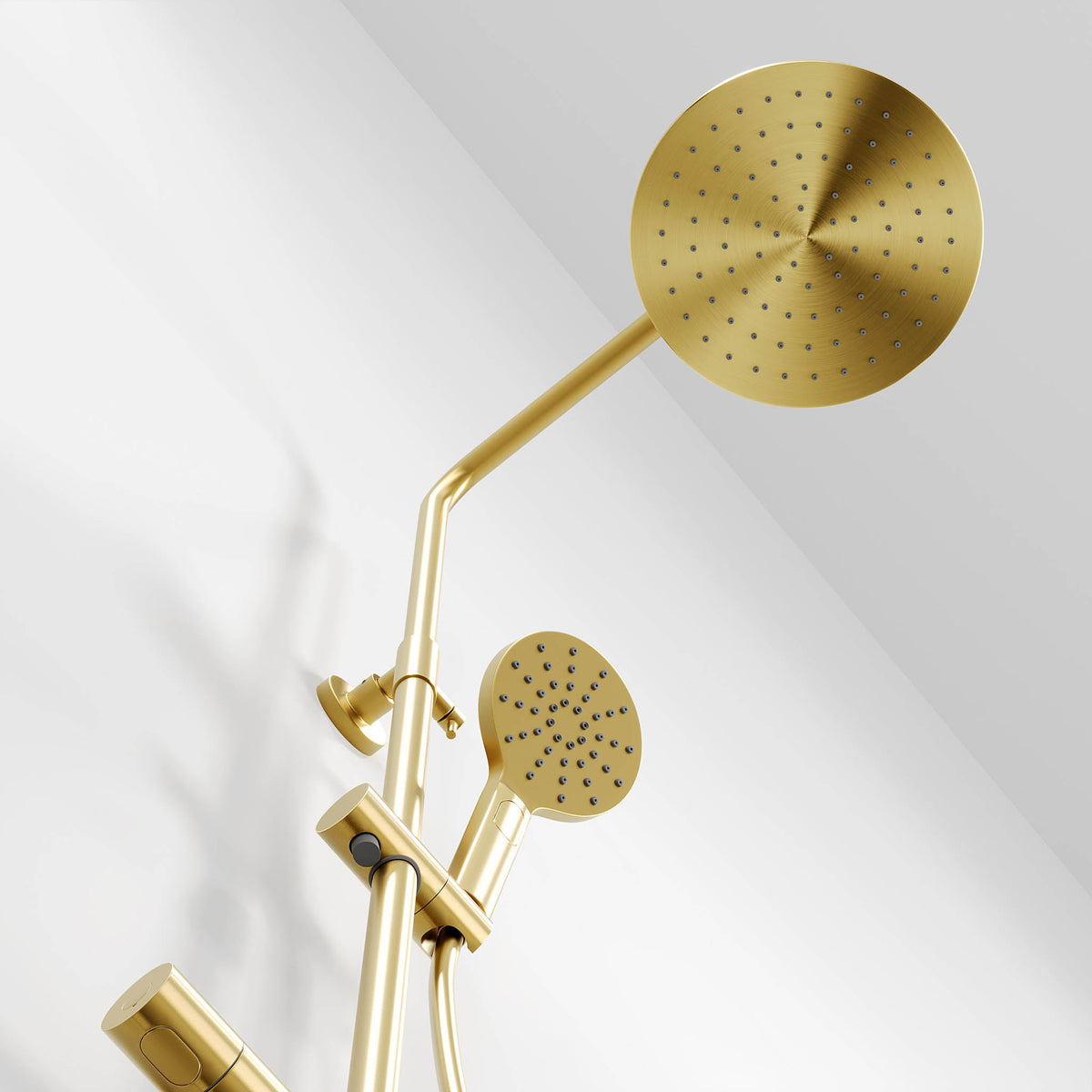 Shower system with thermostatic mixer 150mm C/C - Ø250 mm overhead shower, hand shower - brushed brass - Dragør - MASTERSTORE - 8595677133370 - Showersystem - 31-120-05-70-00 - 8595677133370