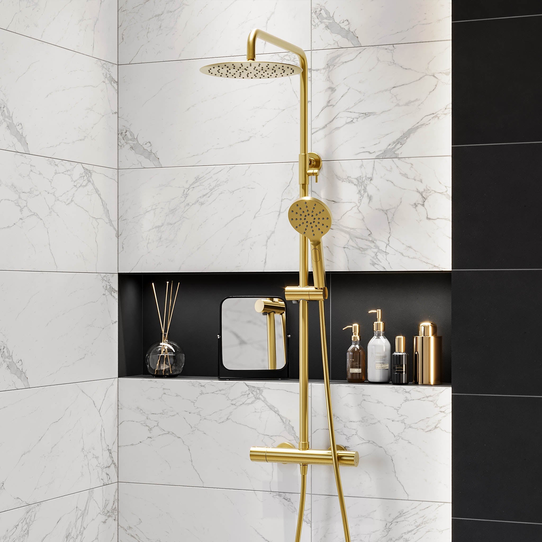Takduschset med termostatblandare 150mm C/C - Ø250 mm takdusch, handdusch - borstad mässing - Dragør - Duschsystem - Bath Deluxe - Dragør - 31-120-05-70-00 - BATHDELUXE SWEDEN