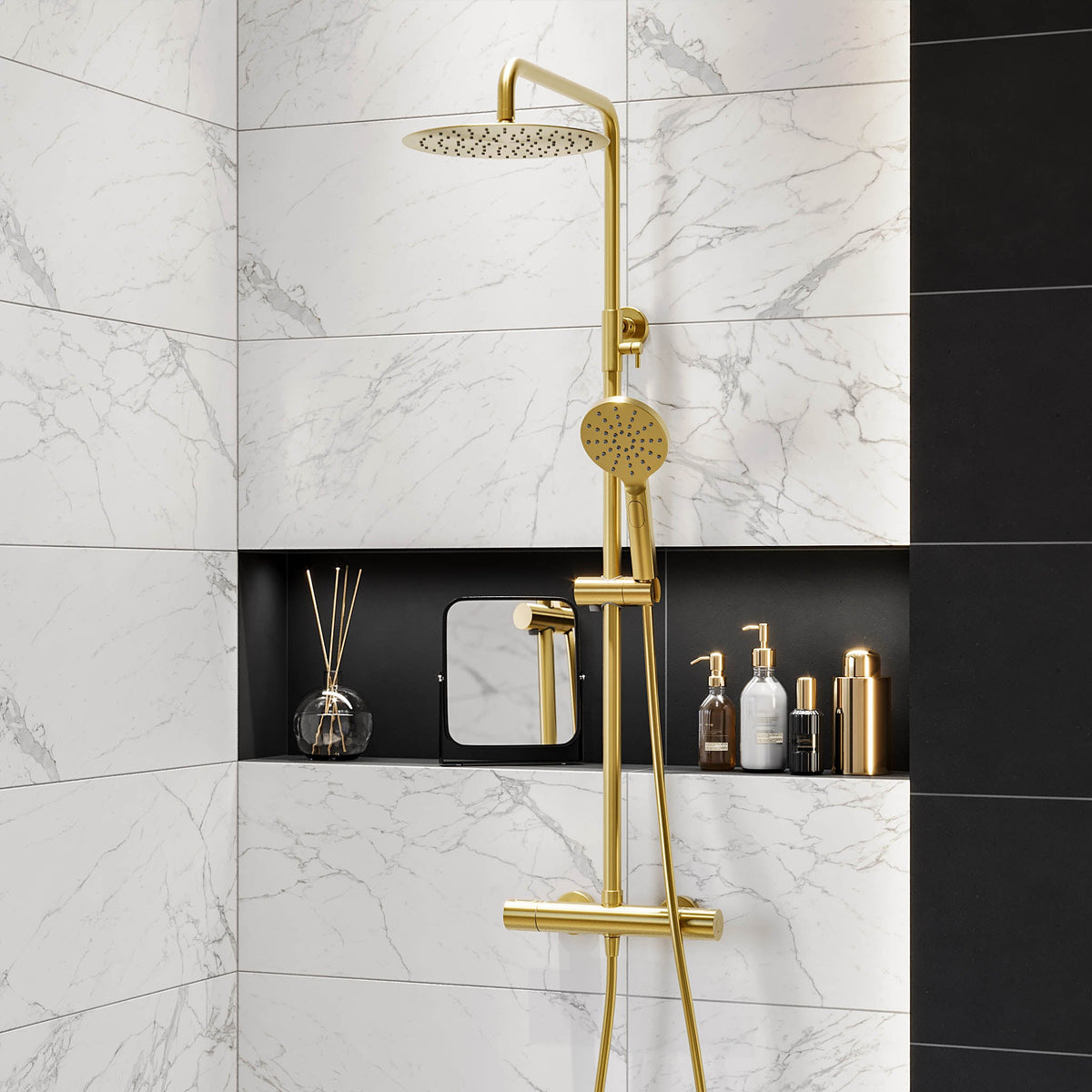 Shower system with thermostatic mixer 150mm C/C - Ø250 mm overhead shower, hand shower - brushed brass - Dragør - MASTERSTORE - 8595677133370 - Showersystem - 31-120-05-70-00 - 8595677133370
