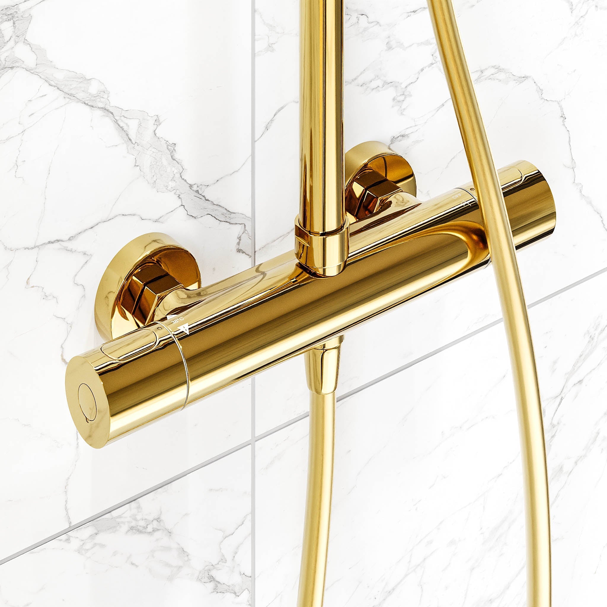 Takduschset med termostatblandare 150mm C/C - Ø250 mm takdusch, handdusch - blank mässing - Dragør - Duschsystem - Bath Deluxe - Dragør - 31-120-08-64-00 - BATHDELUXE SWEDEN