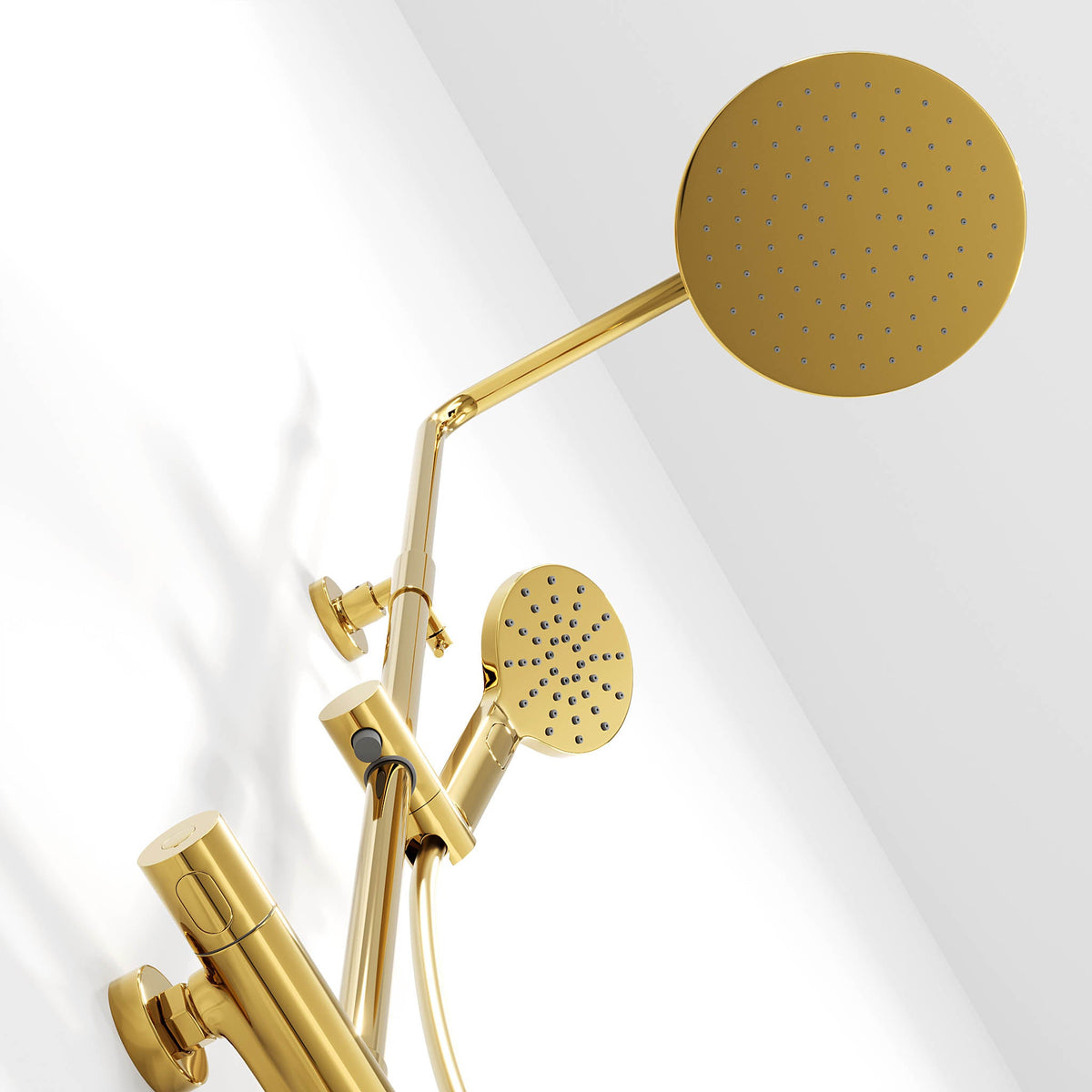 Shower system with thermostatic mixer 150mm C/C - Ø250 mm overhead shower, hand shower - shiny brass - Dragør - MASTERSTORE - 8595677130577 - Showersystem - 31-120-08-64-00 - 8595677130577