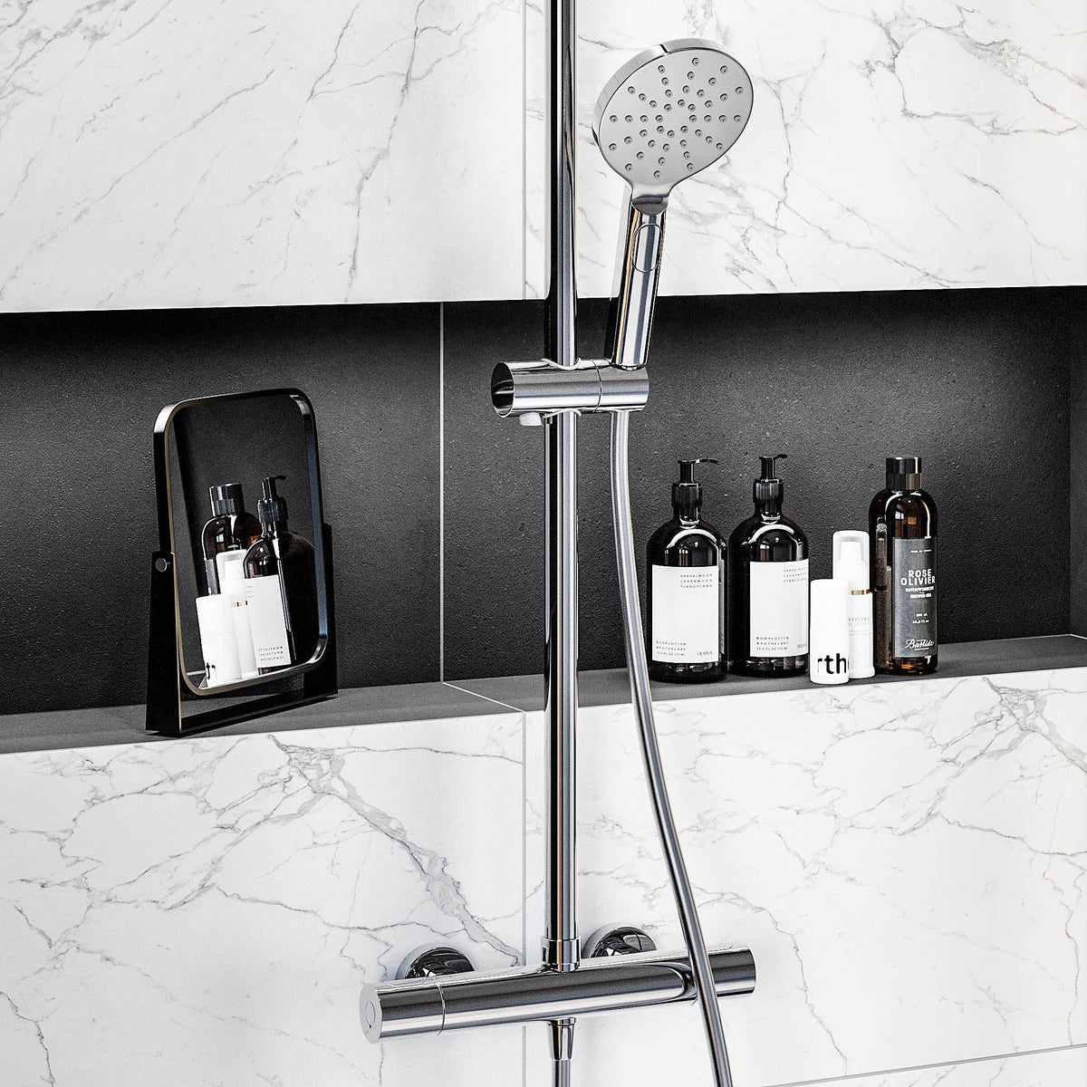 Shower system with thermostatic mixer 150mm C/C - Ø400 mm overhead shower, hand shower - chrome - Dragør - MASTERSTORE - 8595677102956 - Showersystem - 31-120-13-60-00 - 8595677102956