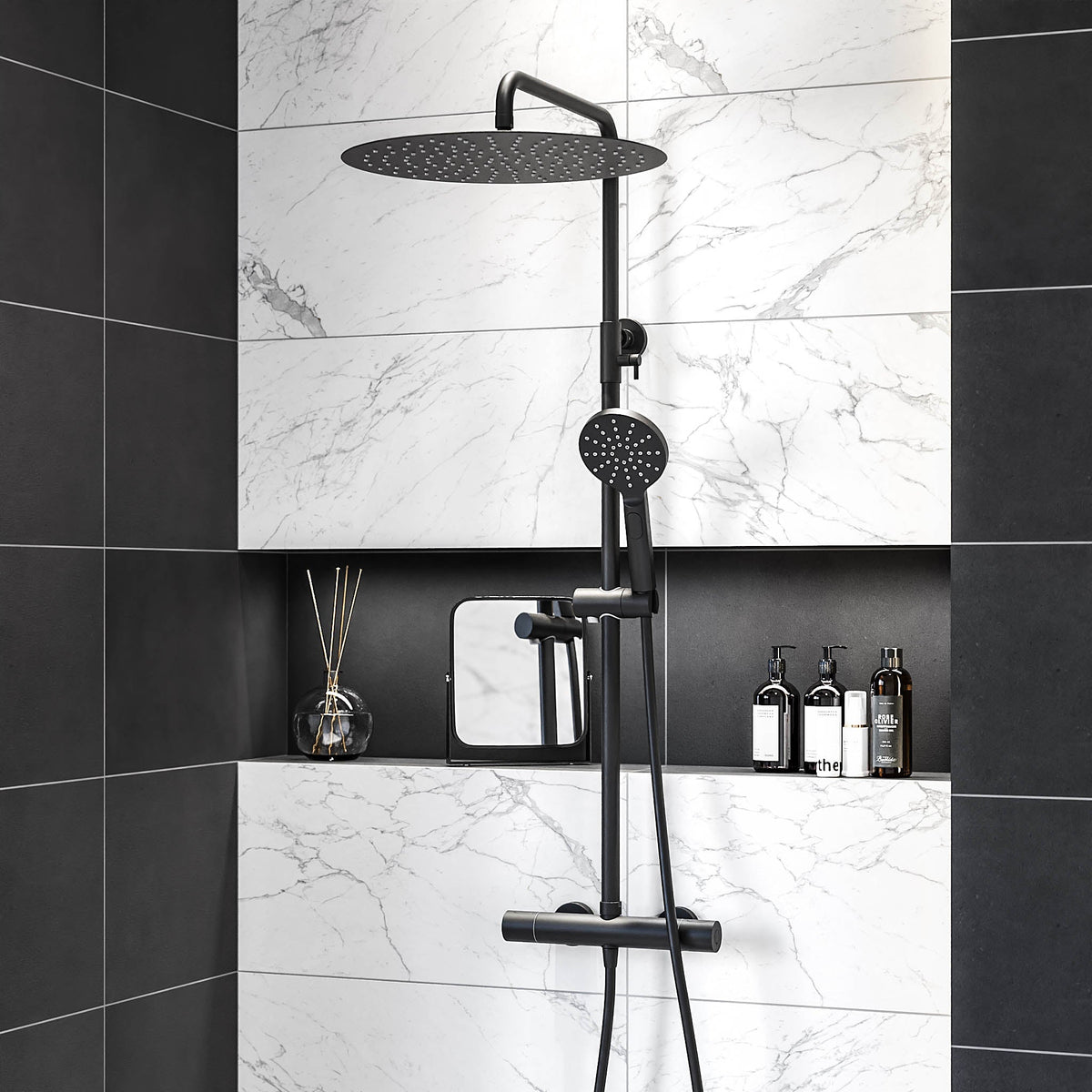 Shower system with thermostatic mixer 150mm C/C - Ø400 mm overhead shower, hand shower - matt black - Dragør - MASTERSTORE - 8595677128949 - Showersystem - 31-120-13-63-00 - 8595677128949