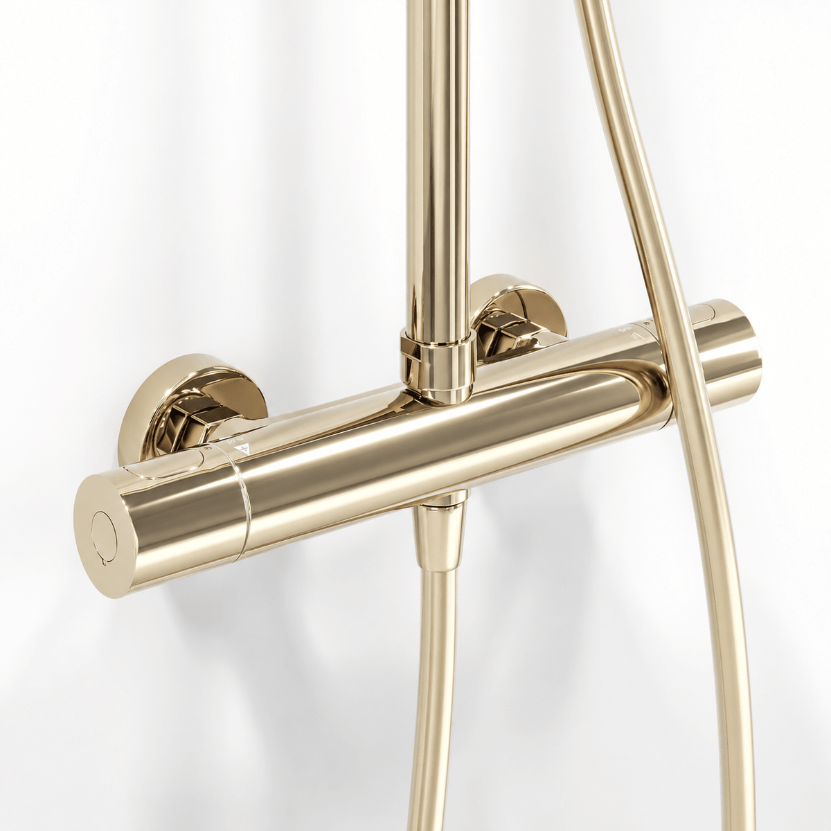 Shower system with thermostatic mixer 160mm C/C - Ø250 mm overhead shower, hand shower - polished brass - Dragør - MASTERSTORE - 8595677195705 - Showersystems - 31-120-10-64-00 - 8595677195705