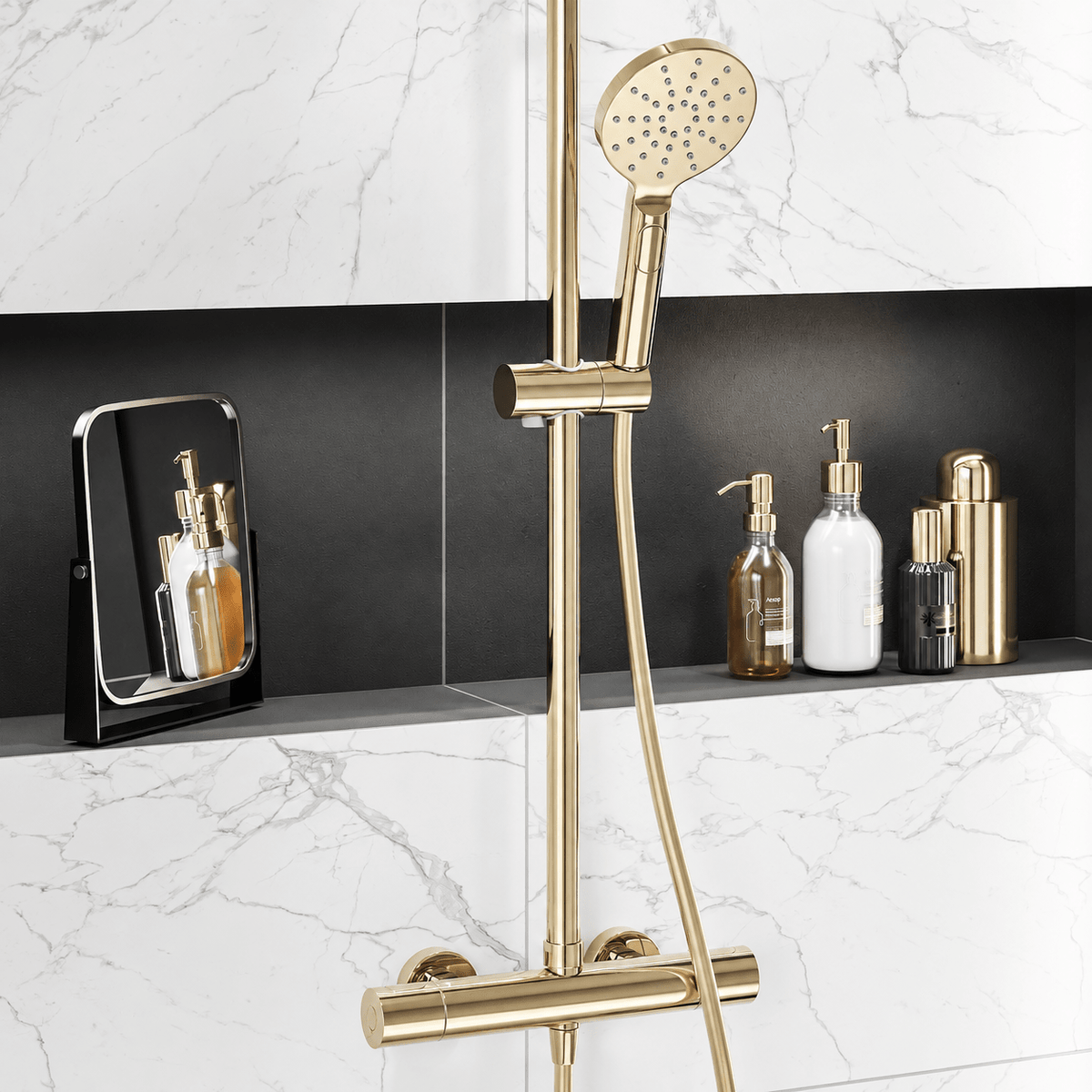 Shower system with thermostatic mixer 150mm C/C - Ø250 mm overhead shower, hand shower - polished brass - Dragør - MASTERSTORE - 8595677195712 - Showersystems - 31-120-11-64-00 - 8595677195712