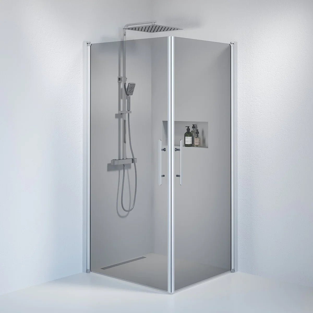 Vänern Duschhörn,Rak, Rökfärgat Glas, Borstad Aluminium Profil - Duschhörna - BATH DELUXE - PRESTIGE - 36 - 901 - 67 - 56 - 00 - BATHDELUXE SWEDEN
