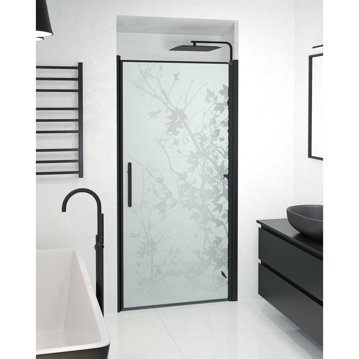 Duschnischdörr 80x198 cm - 6 mm frostat dekor-nanoglas - svart profil - Vänern