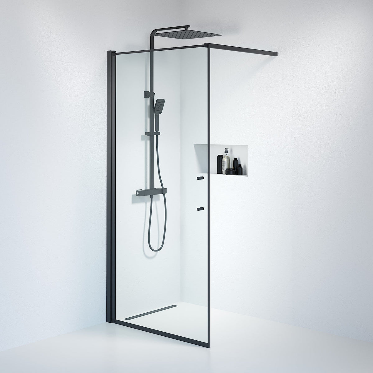 Duschvägg med stag 70x198 cm - 6 mm klart nanoglas - svart profil - Vänern