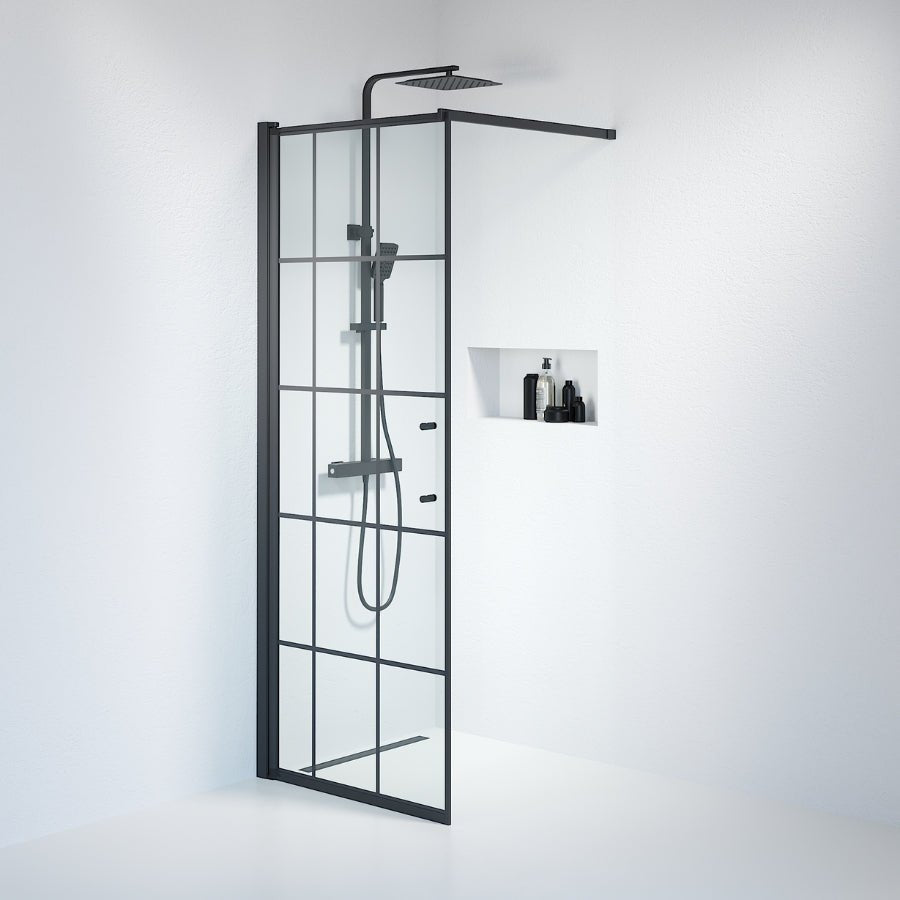 Duschvägg med spröjs 80x198 cm - 6 mm klart nanoglas med svarta spröjs - svart profil - Vänern