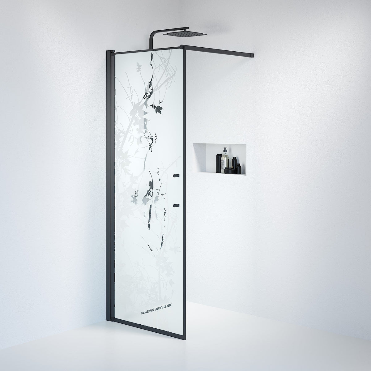 Duschvägg med stag 80x198 cm - 6 mm frostat dekorglas med nanobehandling - svart profil - Vänern