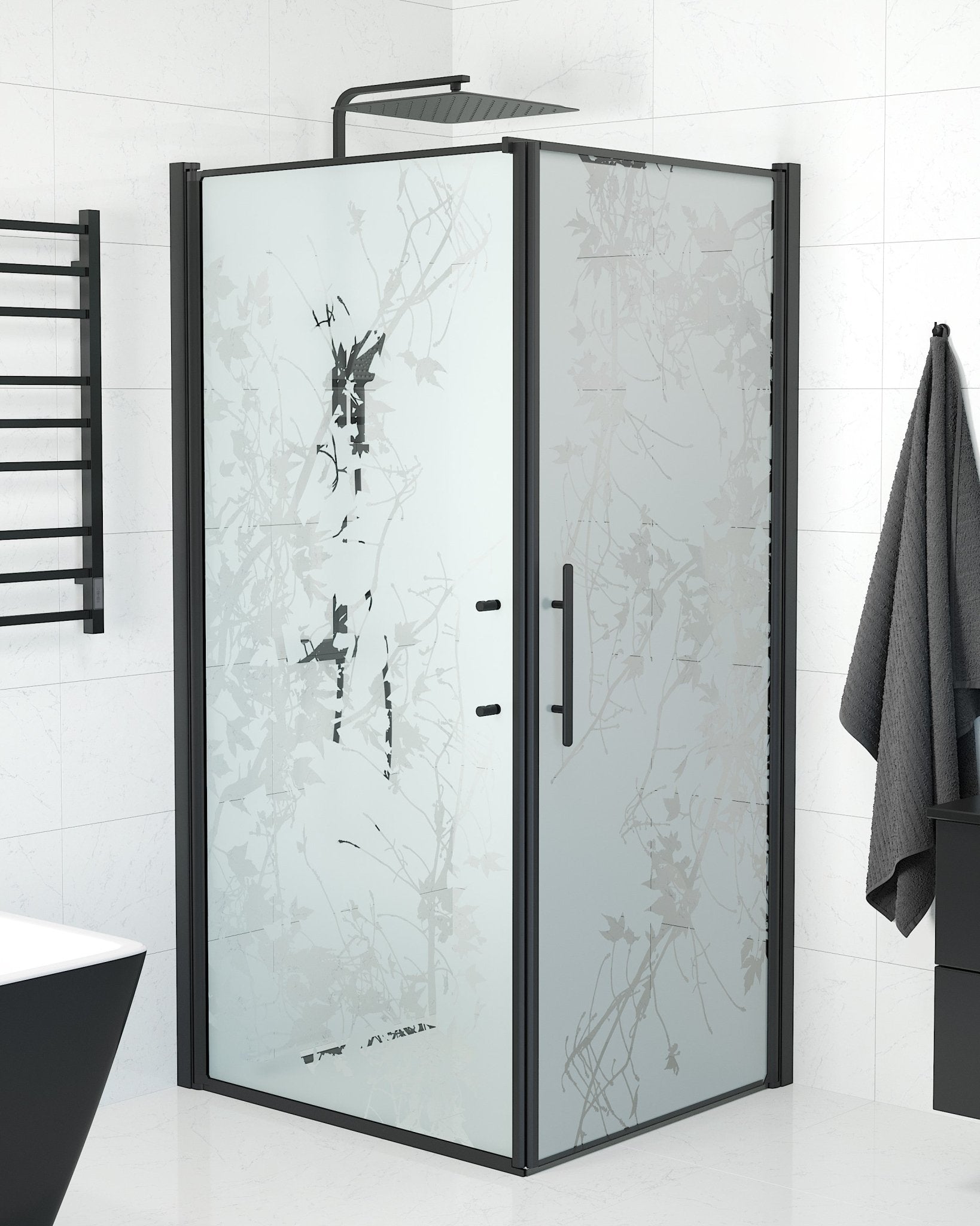 Vänern Duschhörn, Dörr + Vägg, Frostat Decor Glas, Svart Profil - Duschhörna - BATH DELUXE - PRESTIGE - 40 - 108 - 00 - 54 - 00 - BATHDELUXE SWEDEN