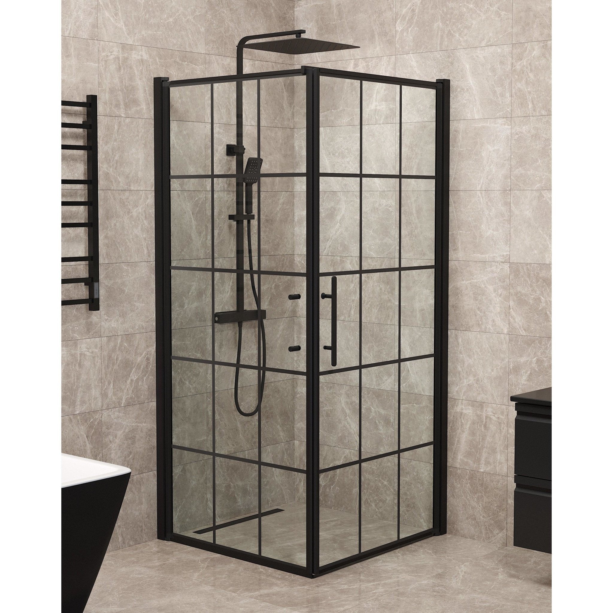Vänern Duschhörn, Dörr + Vägg, Klarglas med Spröjs, Svart Profil - Duschhörna - BATH DELUXE - PRESTIGE - 40 - 101 - 00 - 59 - 00 - BATHDELUXE SWEDEN