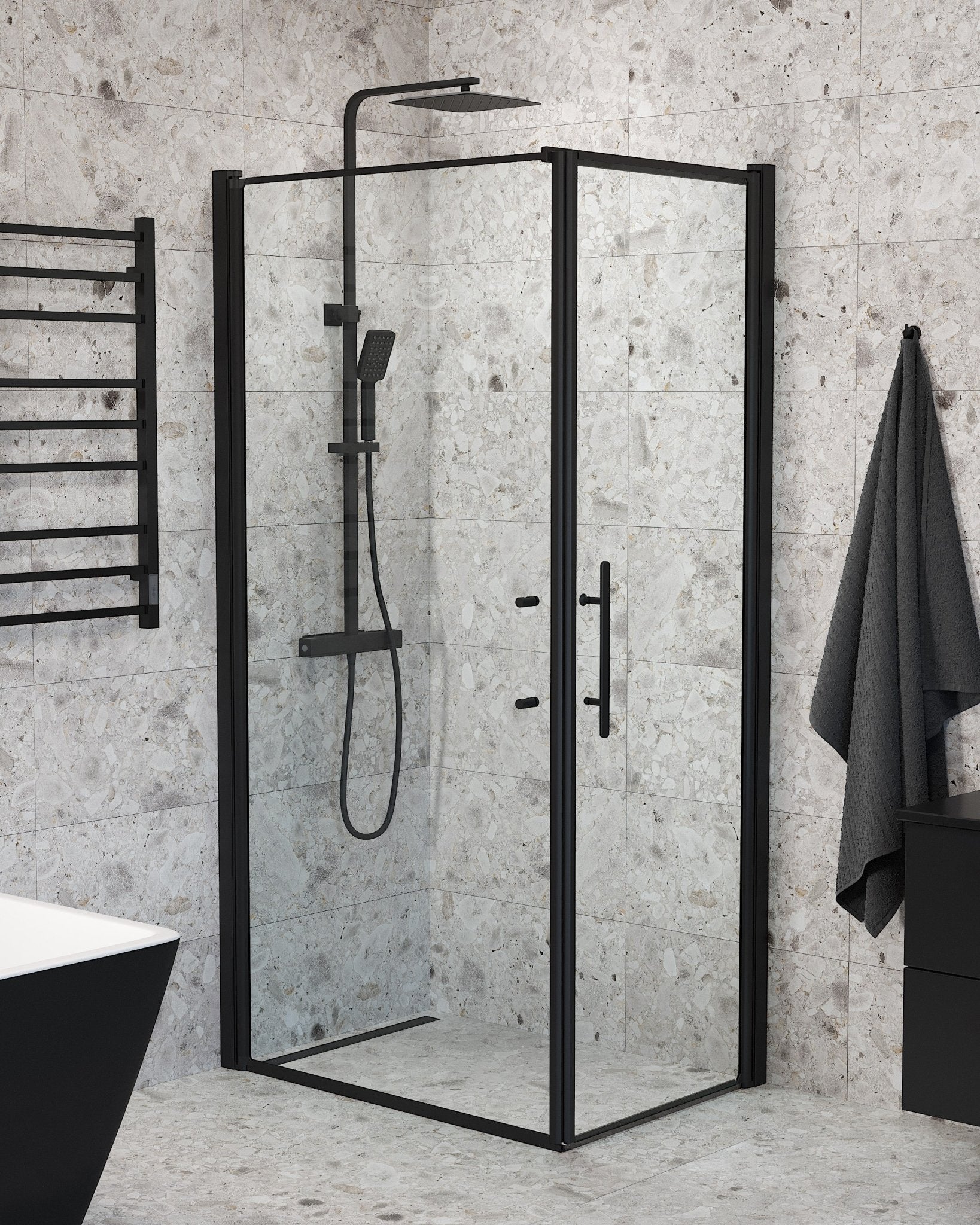 Vänern Duschhörn, Dörr + Vägg, Klarglas, Svart Profil - Duschhörna - BATH DELUXE - PRESTIGE - 40 - 107 - 00 - 50 - 00 - BATHDELUXE SWEDEN