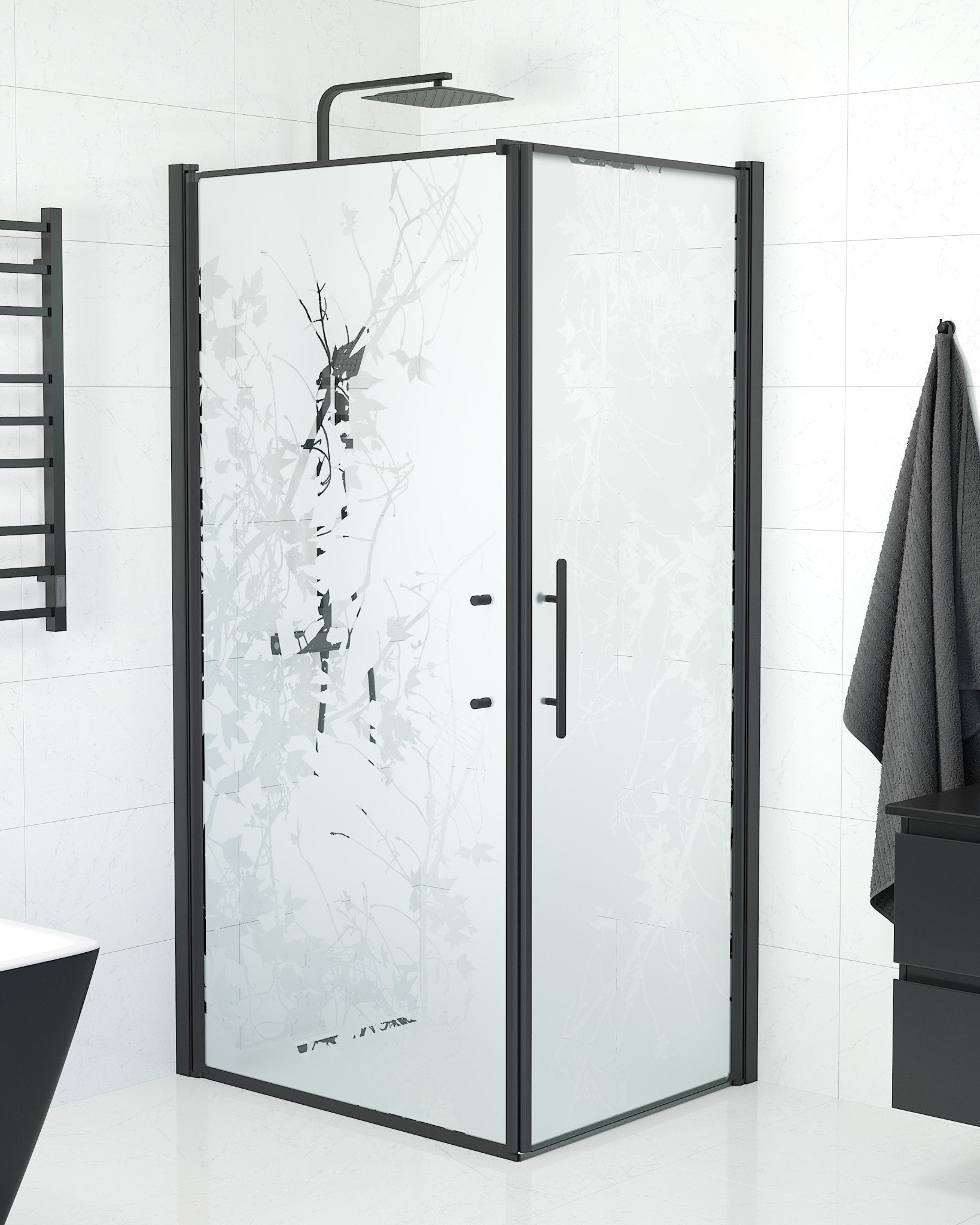 Vänern Duschhörn, Dörr + Vägg, Frostat Decor Glas, Svart Profil - Duschhörna - BATH DELUXE - PRESTIGE - 40 - 107 - 00 - 54 - 00 - BATHDELUXE SWEDEN