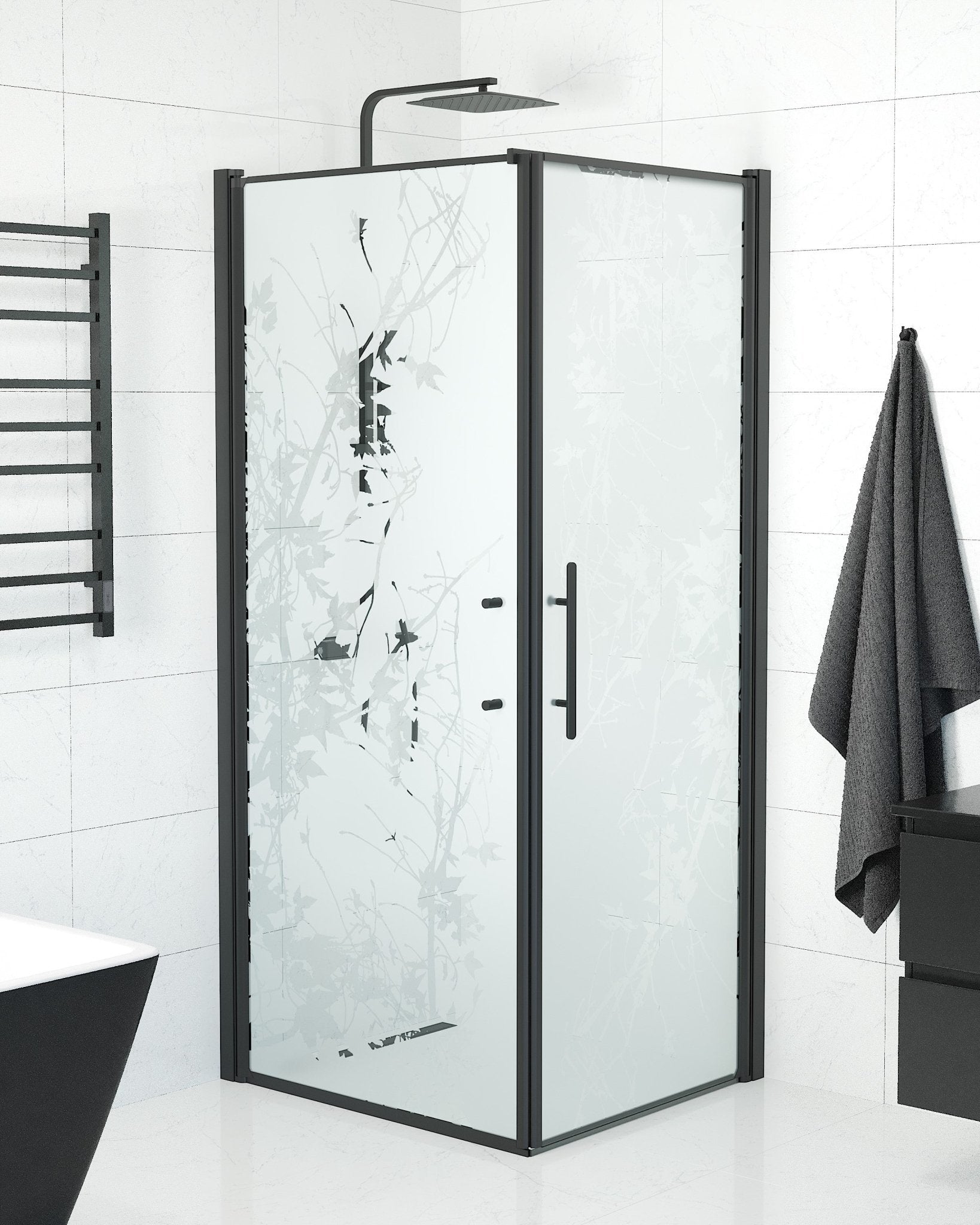 Vänern Duschhörn, Dörr + Vägg, Frostat Decor Glas, Svart Profil - Duschhörna - BATH DELUXE - PRESTIGE - 40 - 107 - 00 - 54 - 00 - BATHDELUXE SWEDEN