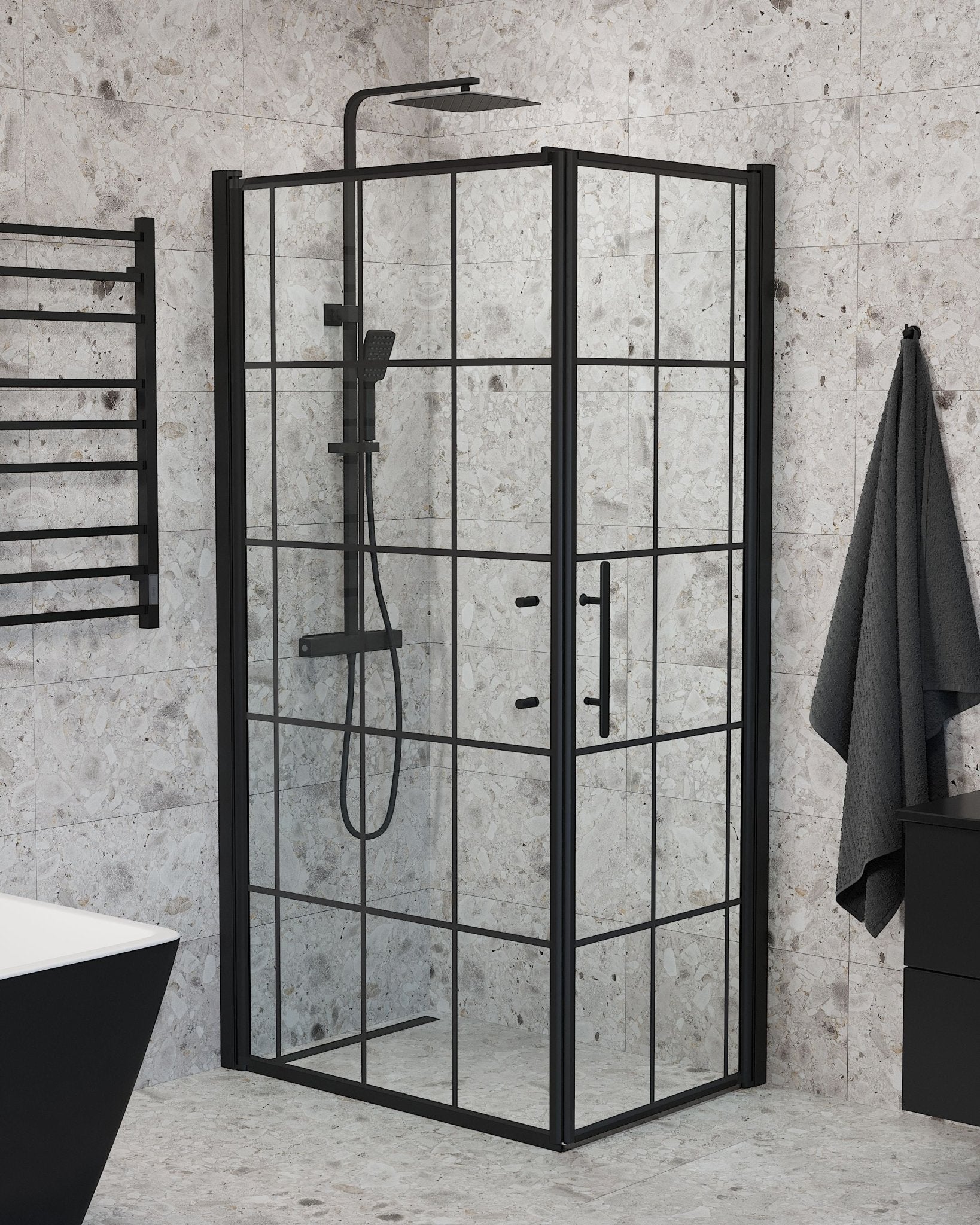 Vänern Duschhörn, Dörr + Vägg, Klarglas med Spröjs, Svart Profil - Duschhörna - BATH DELUXE - PRESTIGE - 40 - 107 - 00 - 59 - 00 - BATHDELUXE SWEDEN