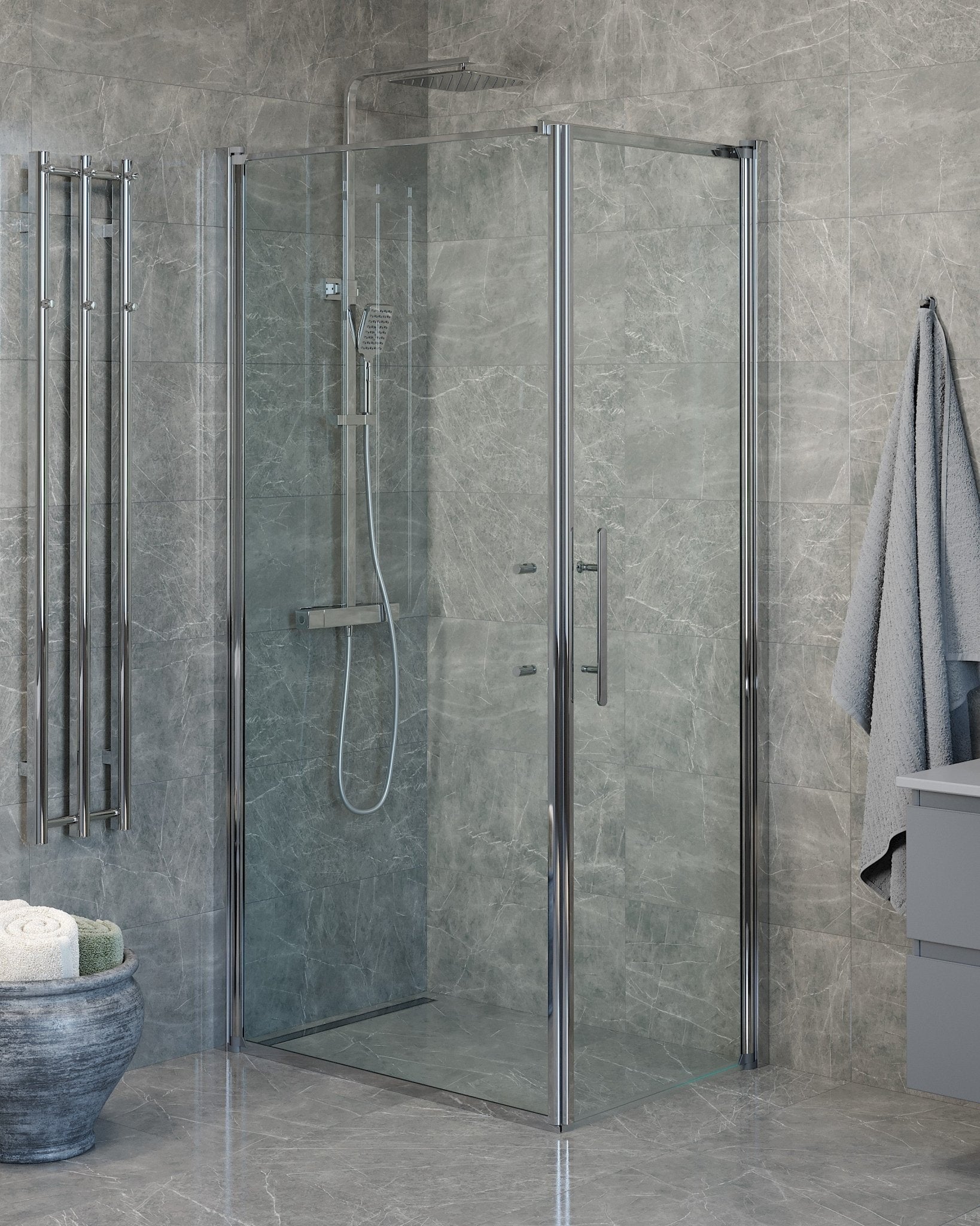 Vänern Duschhörn, Dörr + Vägg, Klarglas, Krom Profil - Duschhörna - BATH DELUXE - PRESTIGE - 40 - 107 - 01 - 50 - 00 - BATHDELUXE SWEDEN