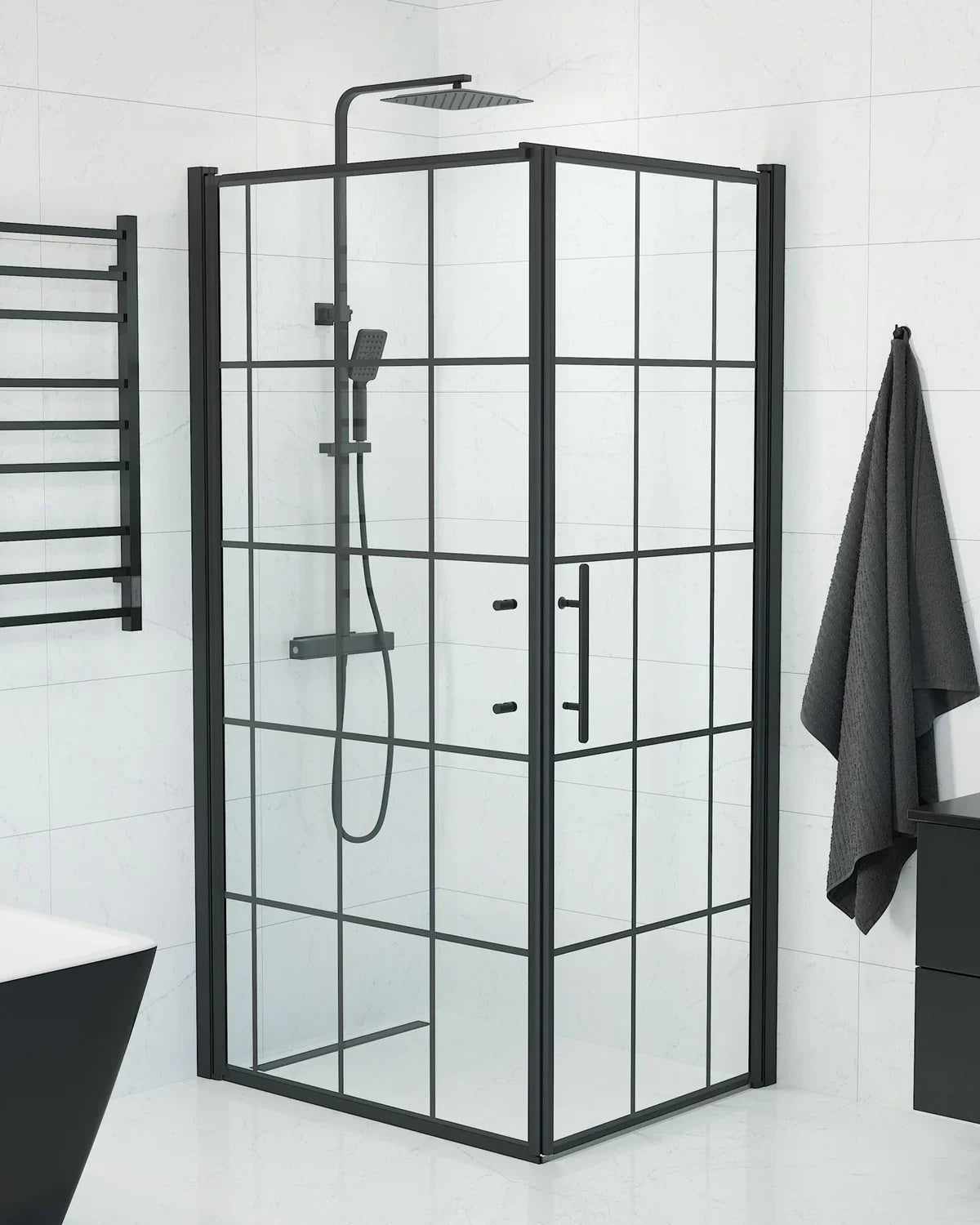 Vänern Duschhörn, Dörr + Vägg, Klarglas med Spröjs, Svart Profil - Duschhörna - BATH DELUXE - PRESTIGE - 40 - 108 - 00 - 59 - 00 - BATHDELUXE SWEDEN