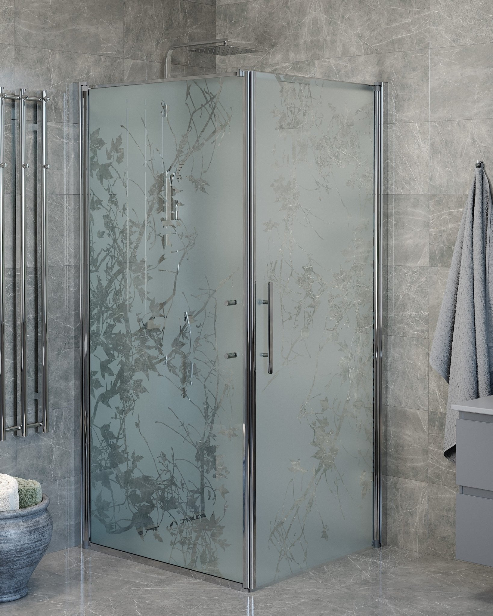 Vänern Duschhörn, Dörr + Vägg, Frostat Decor Glas, Krom Profil - Duschhörna - BATH DELUXE - PRESTIGE - 40 - 108 - 01 - 54 - 00 - BATHDELUXE SWEDEN