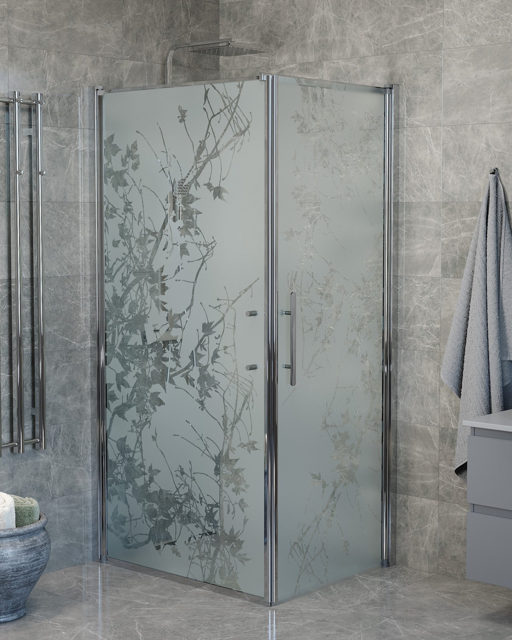 Vänern Duschhörn, Dörr + Vägg, Frostat Decor Glas, Krom Profil - Duschhörna - BATH DELUXE - PRESTIGE - 40 - 108 - 01 - 54 - 00 - BATHDELUXE SWEDEN