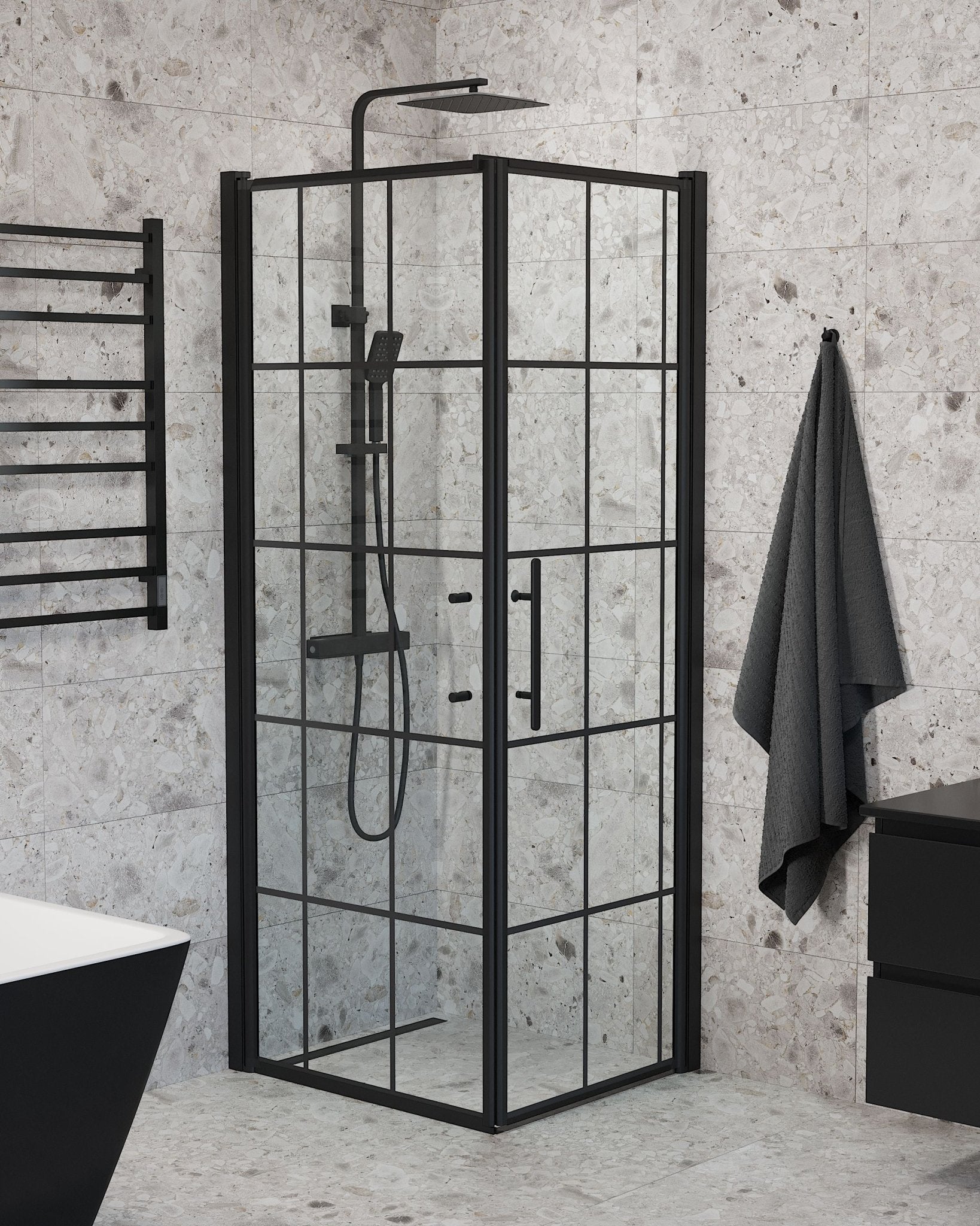 Vänern Duschhörn, Dörr + Vägg, Klarglas med Spröjs, Svart Profil - Duschhörna - BATH DELUXE - PRESTIGE - 40 - 708 - 00 - 59 - 00 - BATHDELUXE SWEDEN