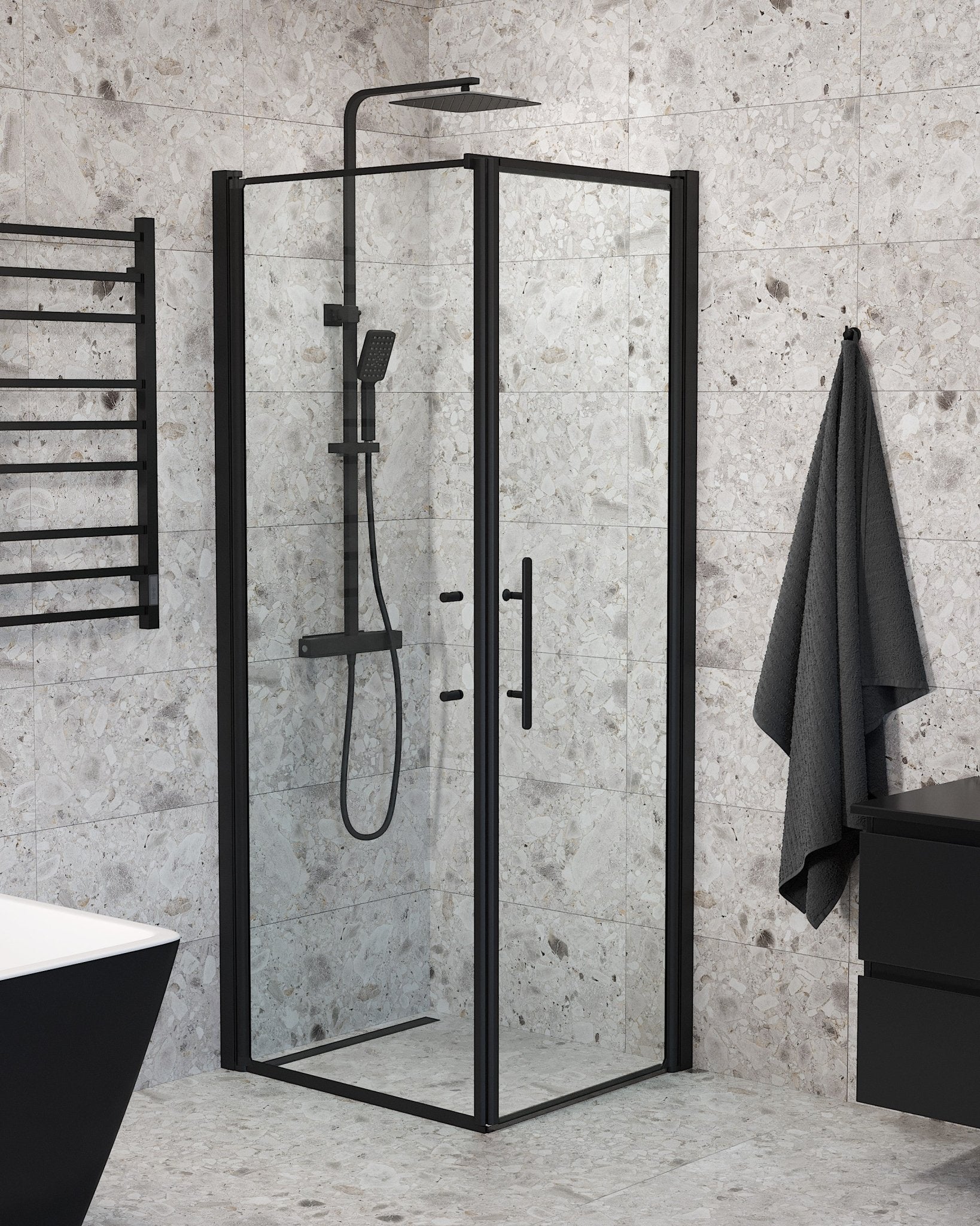 Vänern Duschhörn, Dörr + Vägg, Klarglas, Svart Profil - Duschhörna - BATH DELUXE - PRESTIGE - 40 - 807 - 00 - 50 - 00 - BATHDELUXE SWEDEN