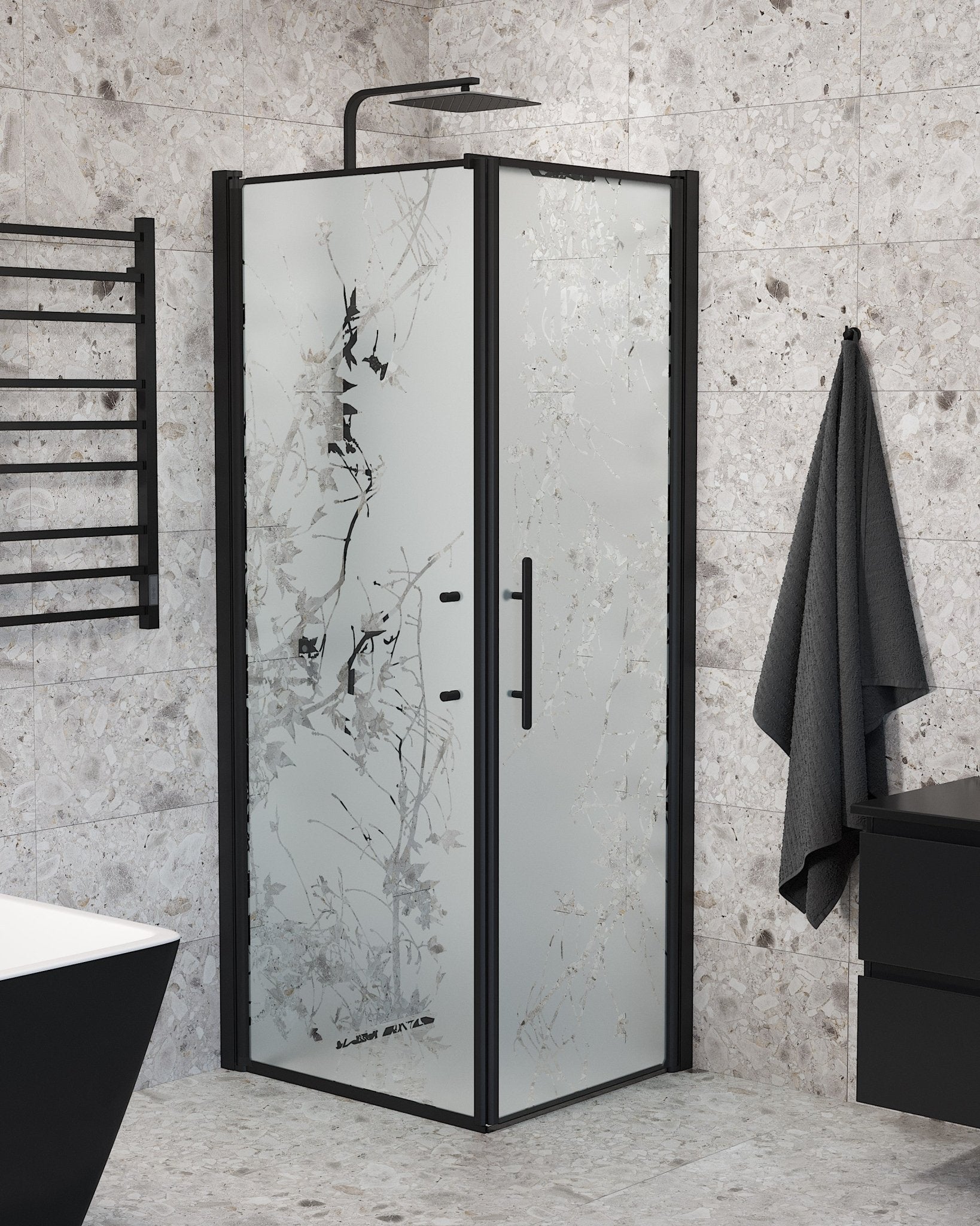 Vänern Duschhörn, Dörr + Vägg, Frostat Decor Glas, Svart Profil - Duschhörna - BATH DELUXE - PRESTIGE - 40 - 807 - 00 - 54 - 00 - BATHDELUXE SWEDEN