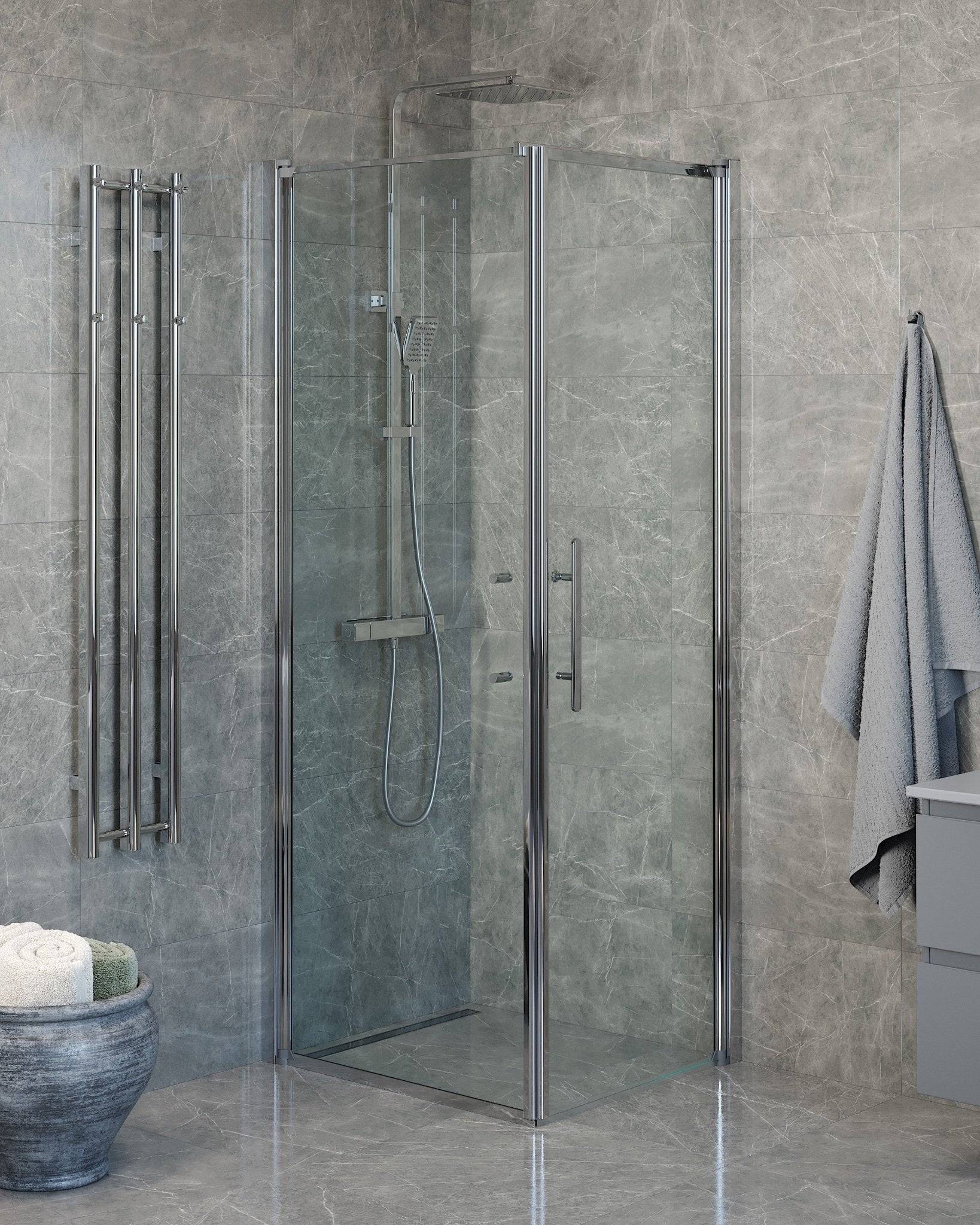 Vänern Duschhörn, Dörr + Vägg, Klarglas, Krom Profil - Duschhörna - BATH DELUXE - PRESTIGE - 40 - 807 - 01 - 50 - 00 - BATHDELUXE SWEDEN