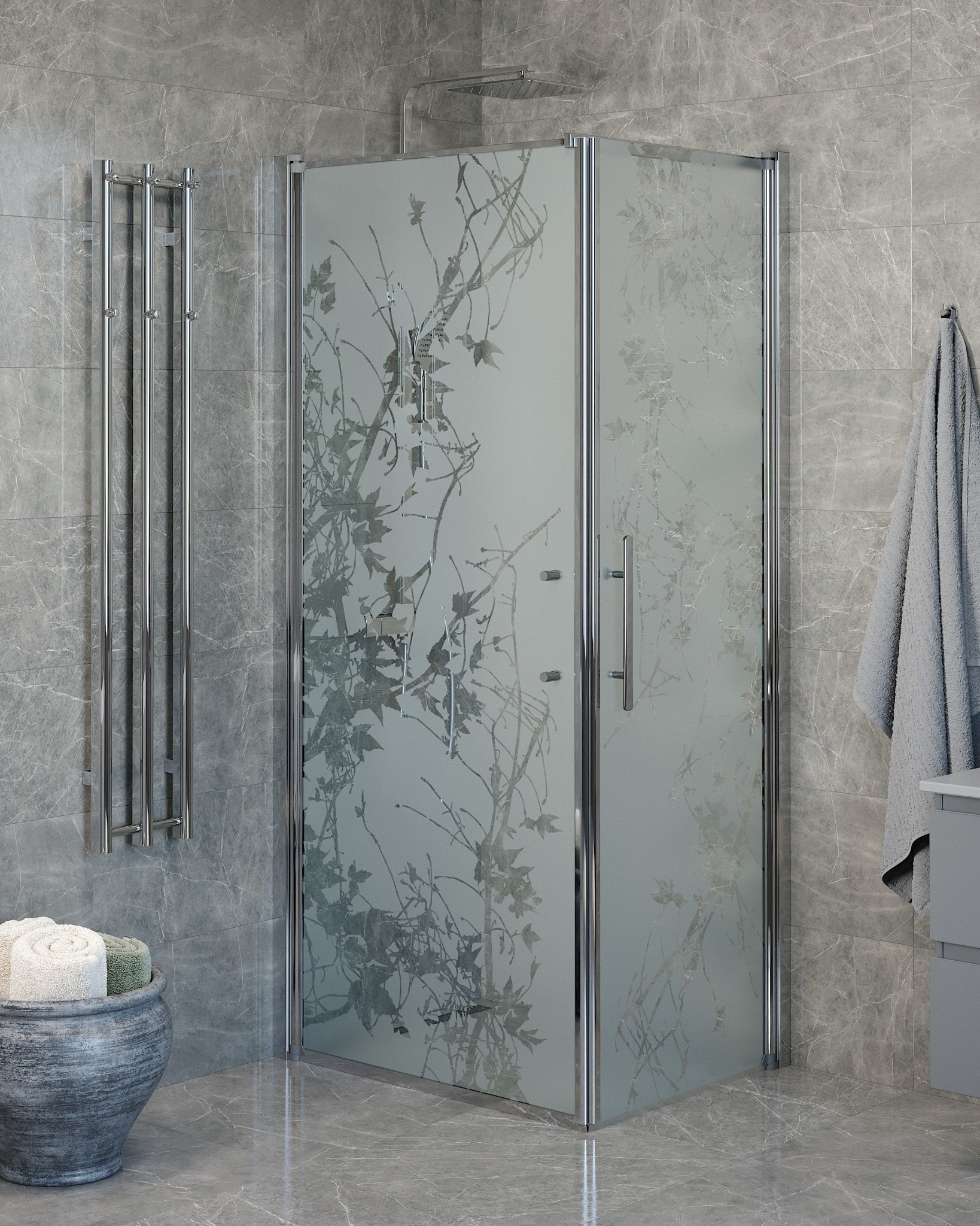 Vänern Duschhörn, Dörr + Vägg, Frostat Decor Glas, Krom Profil - Duschhörna - BATH DELUXE - PRESTIGE - 40 - 807 - 01 - 54 - 00 - BATHDELUXE SWEDEN