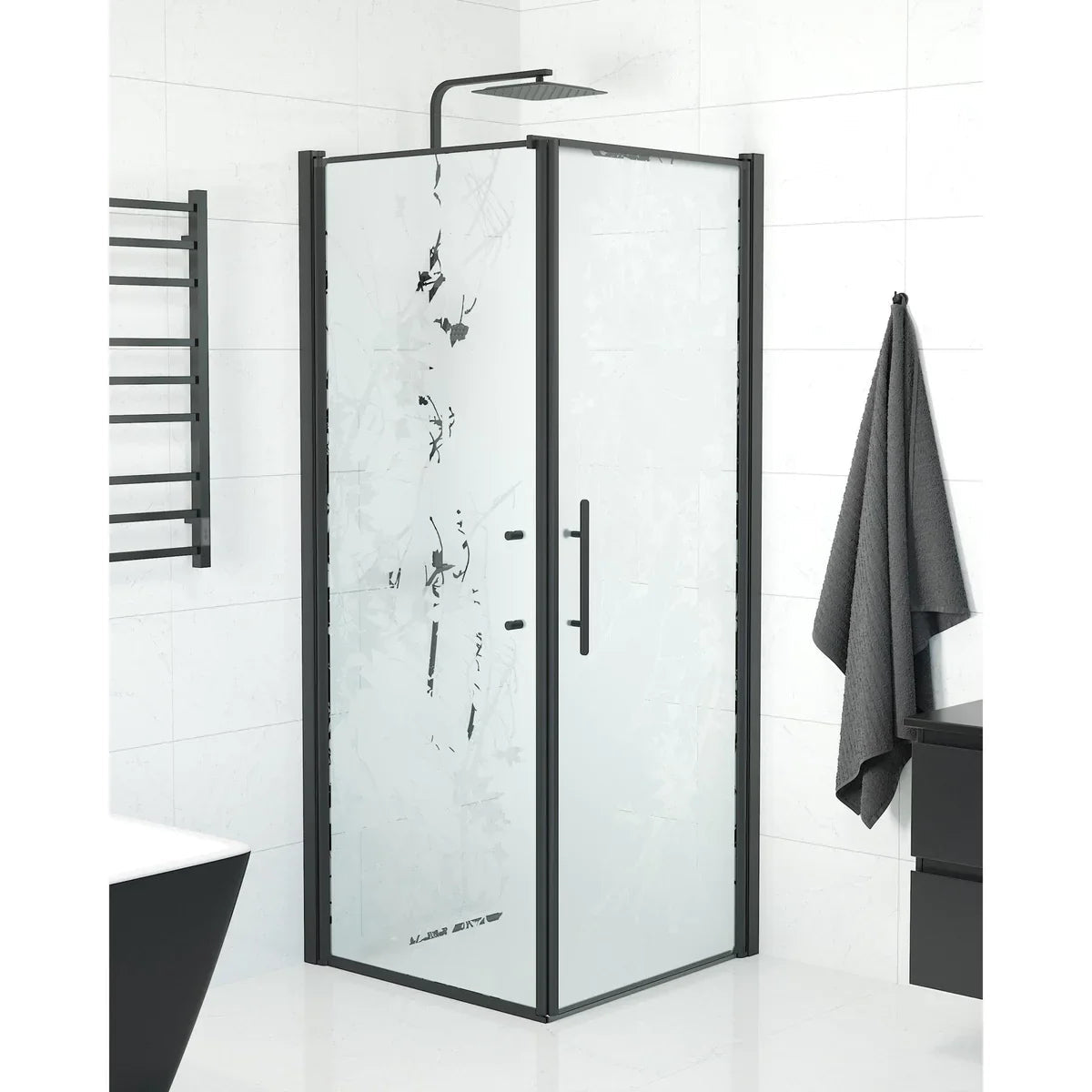 Vänern Duschhörn, Dörr + Vägg, Frostat Decor Glas, Svart Profil - Duschhörna - BATH DELUXE - PRESTIGE - 40 - 808 - 00 - 54 - 00 - BATHDELUXE SWEDEN
