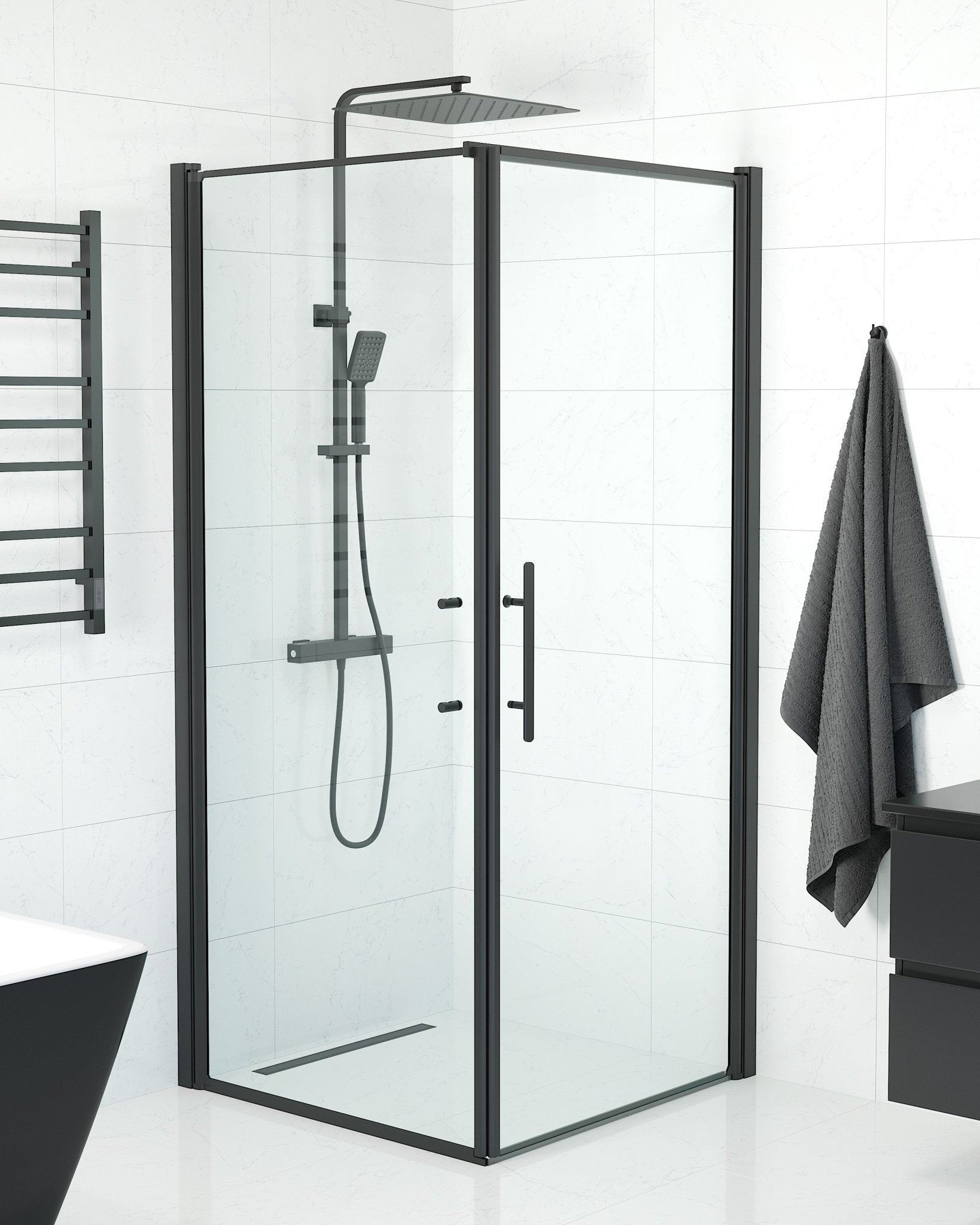 Vägg + Dörr - Transparent, Duschinredning - Vägg & Dörr, Transparent/Svart - 90 cm - Duschkabinset - Kod - BATH DELUXE - PRESTIGE - 40-907-00-50-00 - BATHDELUXE SWEDEN