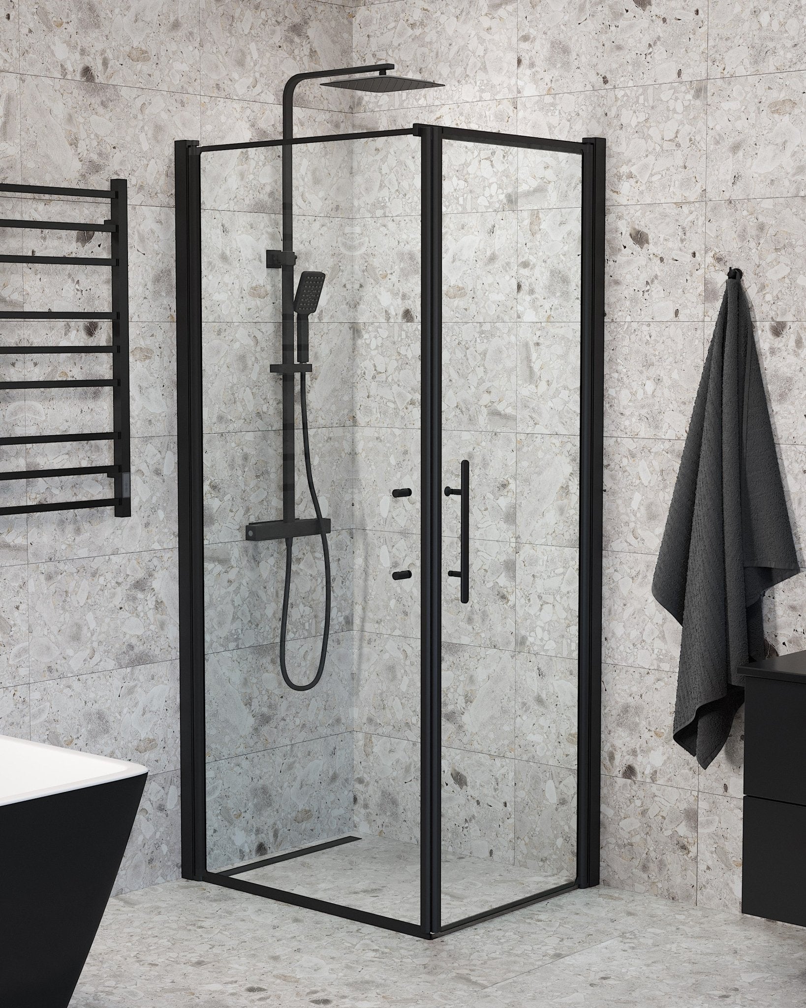 Vänern Duschhörn, Dörr + Vägg, Klarglas, Svart Profil - Duschhörna - BATH DELUXE - PRESTIGE - 40 - 907 - 00 - 50 - 00 - BATHDELUXE SWEDEN