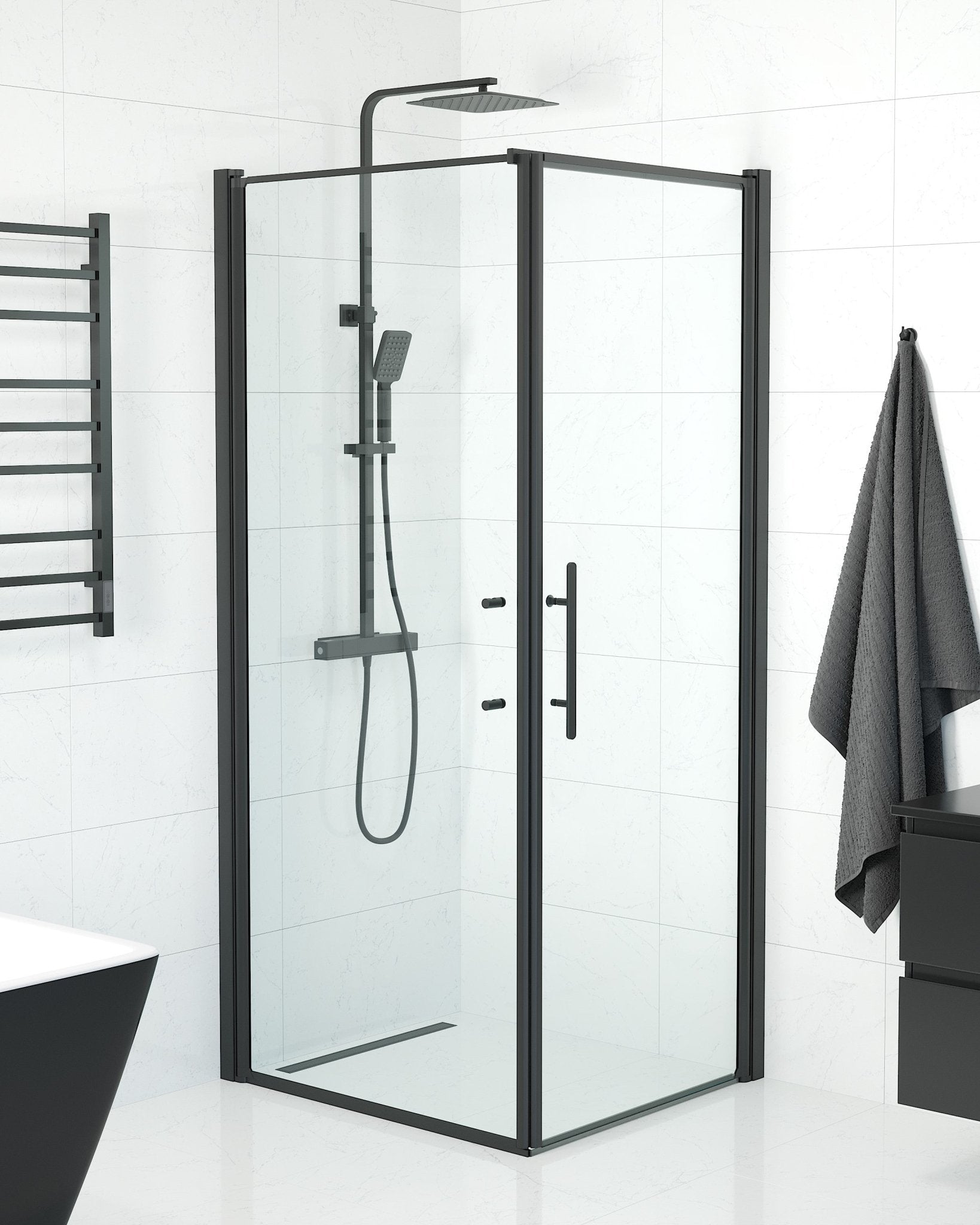 Vänern Duschhörn, Dörr + Vägg, Klarglas, Svart Profil - Duschhörna - BATH DELUXE - PRESTIGE - 40 - 908 - 00 - 50 - 00 - BATHDELUXE SWEDEN