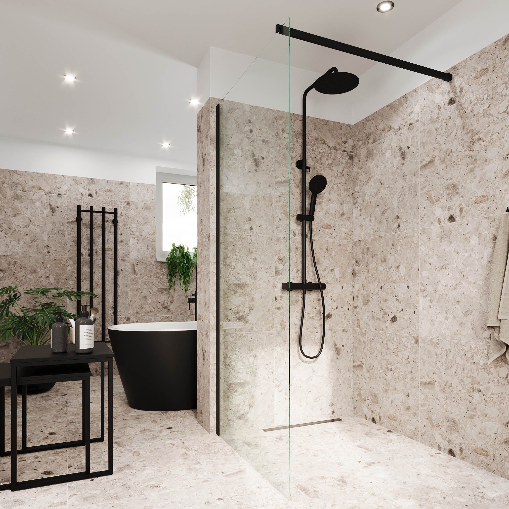 Shower screen with bar 90x195 cm - 5 mm clear nano glass - black profile - Sandefjord - MASTERSTORE - 8595677180473 - Shower Walls - 42-090-07-02-00 - 8595677180473