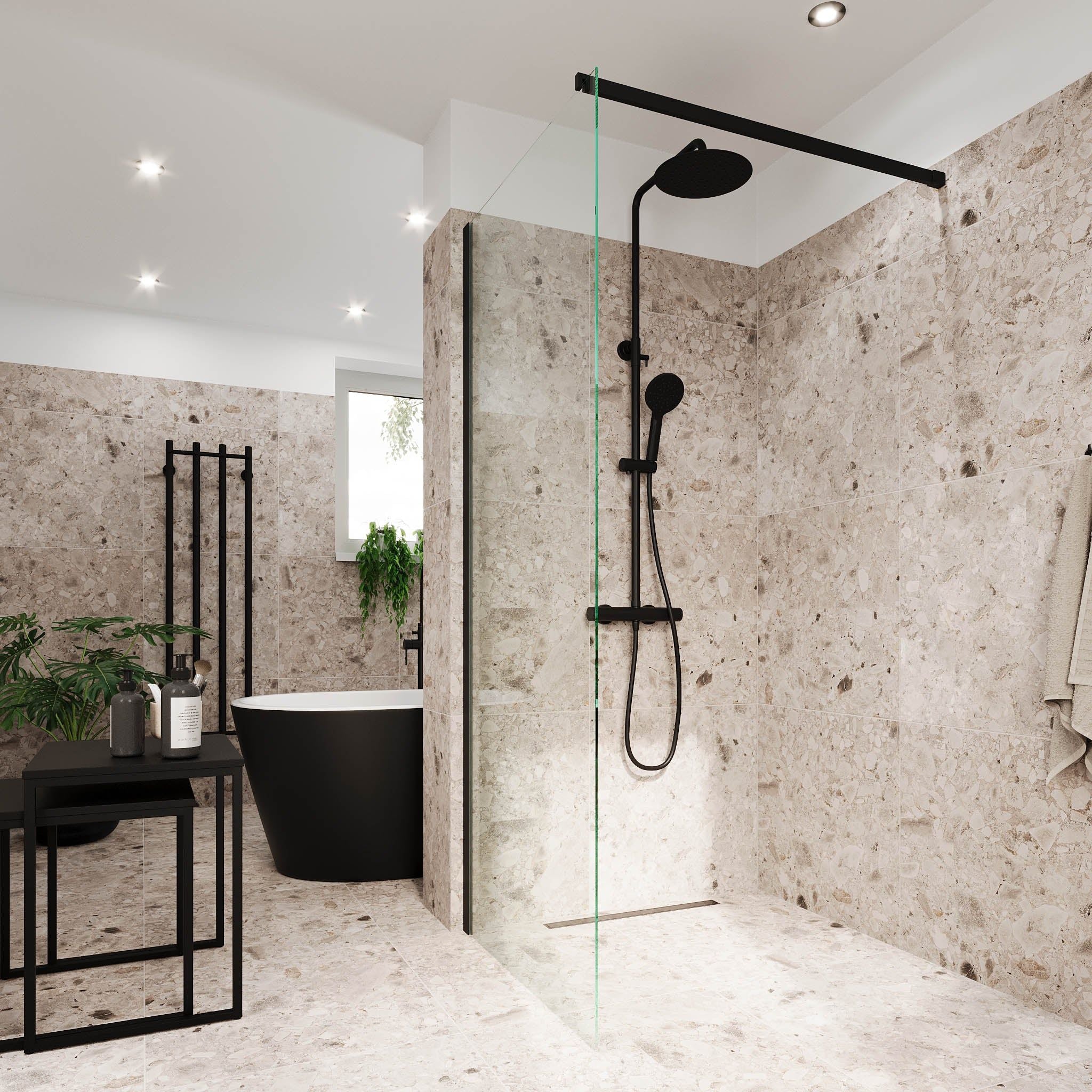 Shower screen with bar 90x195 cm - 5 mm clear nano glass - black profile - Sandefjord - MASTERSTORE - 8595677180473 - Shower Walls - 42-090-07-02-00 - 8595677180473